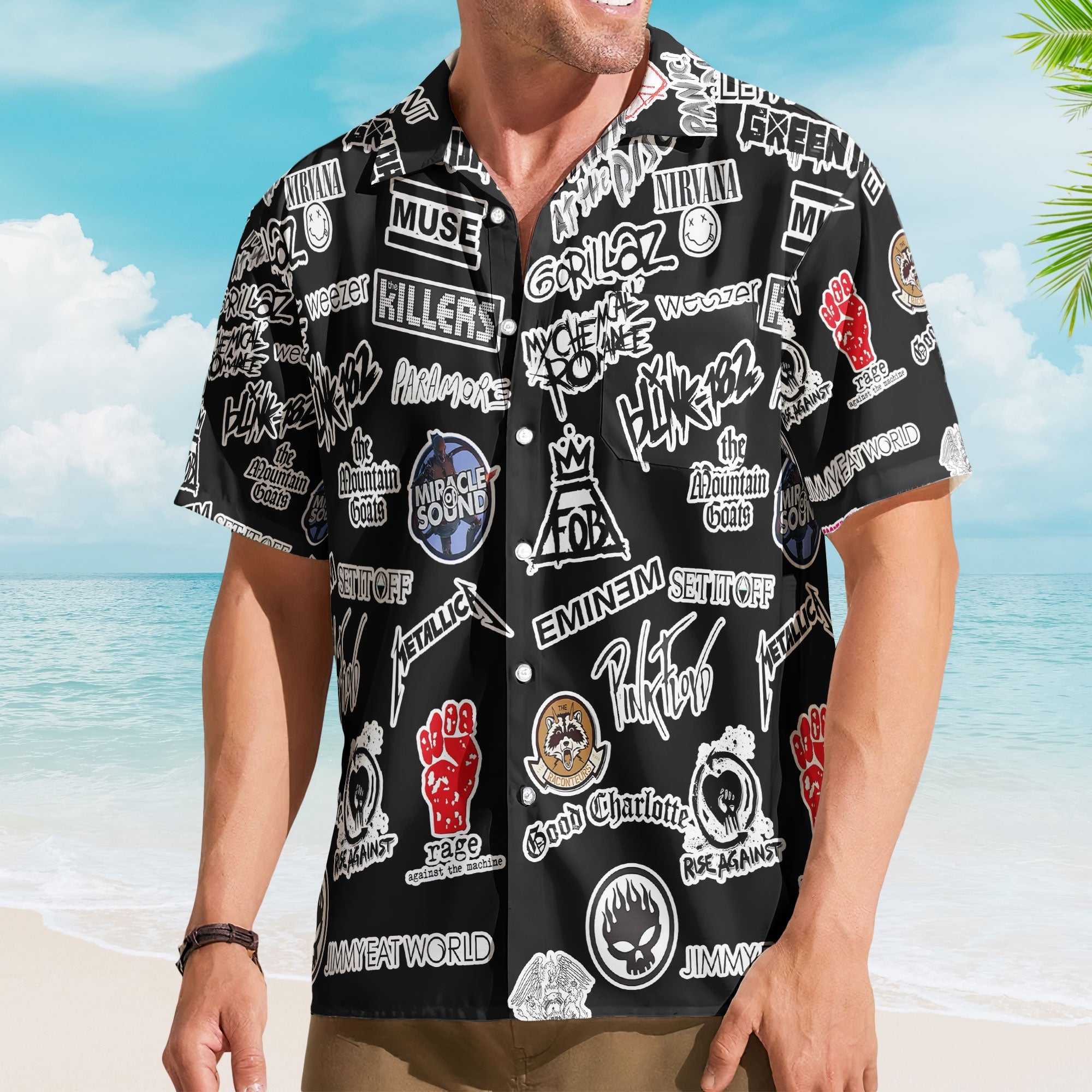 Alternative Rock And Pop Punk Band Logos Hawaiian Shirt - Unisex Black Summer Rock Concert Shirt