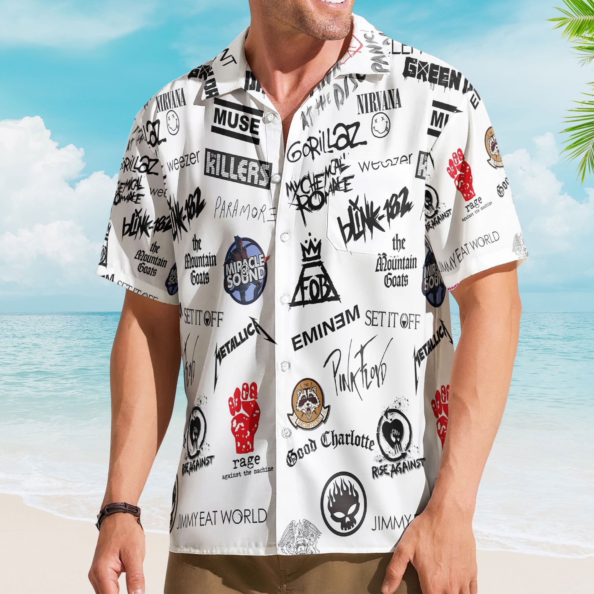 Pop Punk And Alternative Rock Band Logos Hawaiian Shirt - Unisex 2000s Emo Music Collage Button Up