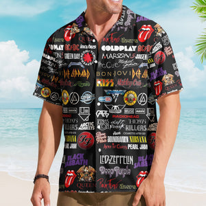 Rock Band Legends Logos Hawaiian Shirt - Unisex Pop Rock Grid Collage Resort Wear