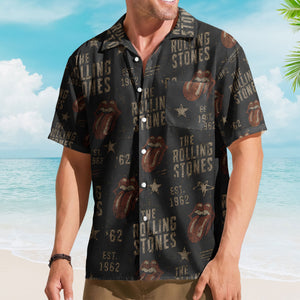 The Rolling Stones Hawaiian Shirt - Unisex Classic Rock Tongue Logo Black Button Up