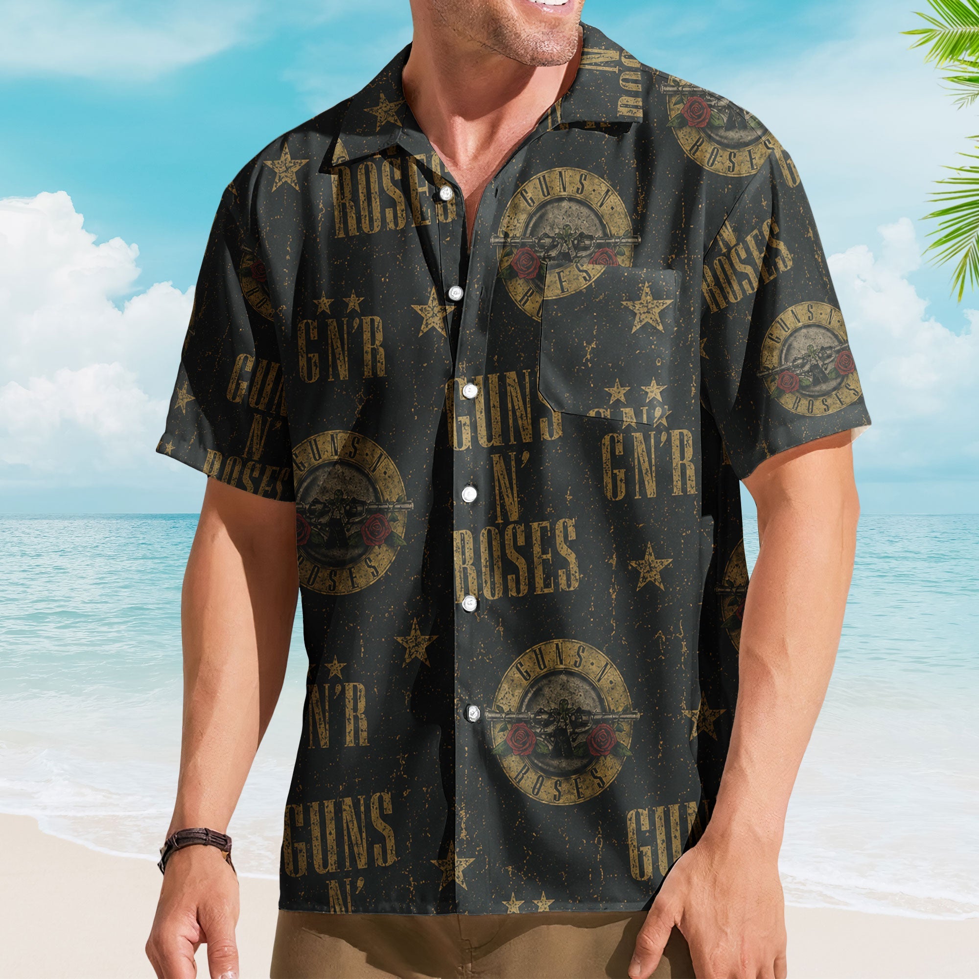 Guns N Roses Hawaiian Shirt - Unisex Hard Rock Bullet Logo Black Button Up