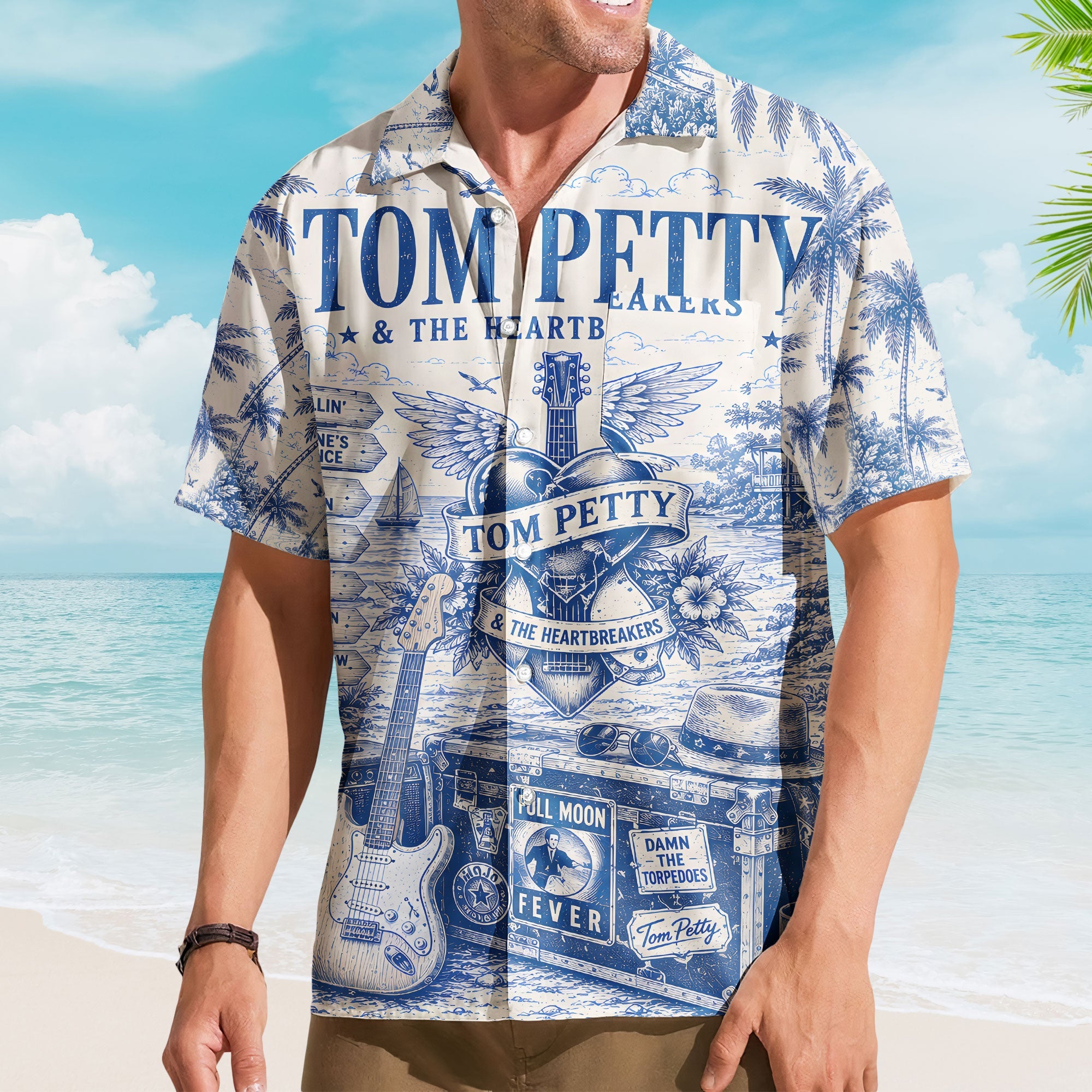 Tom Petty Ocean Scene Hawaiian Shirt - Unisex Heartbreaker Logo Fan Gifts Heartland Button Up