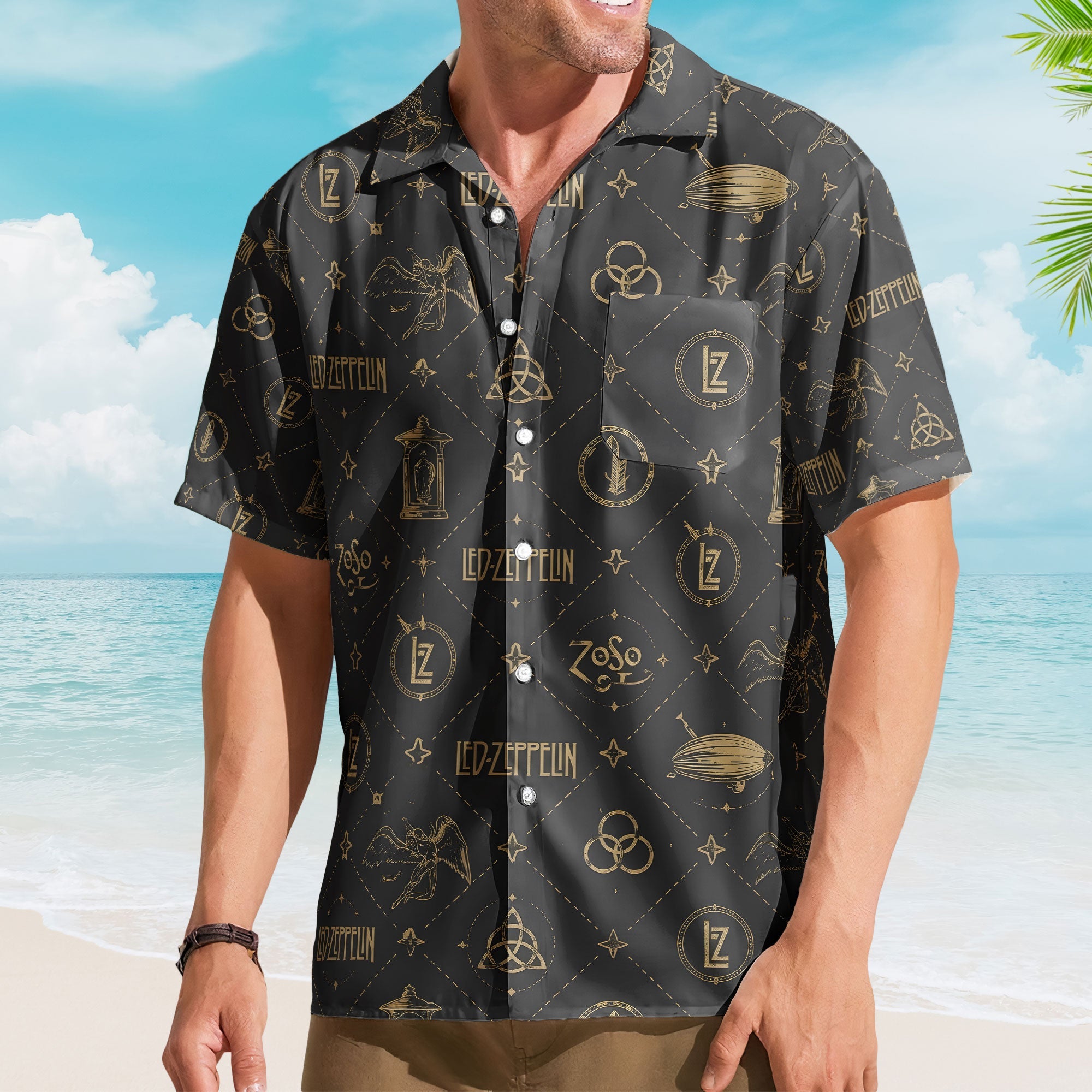 Led Zeppelin Symbols Hawaiian Shirt – Vintage Gold Icon Resort Shirt for Classic Rock Fans