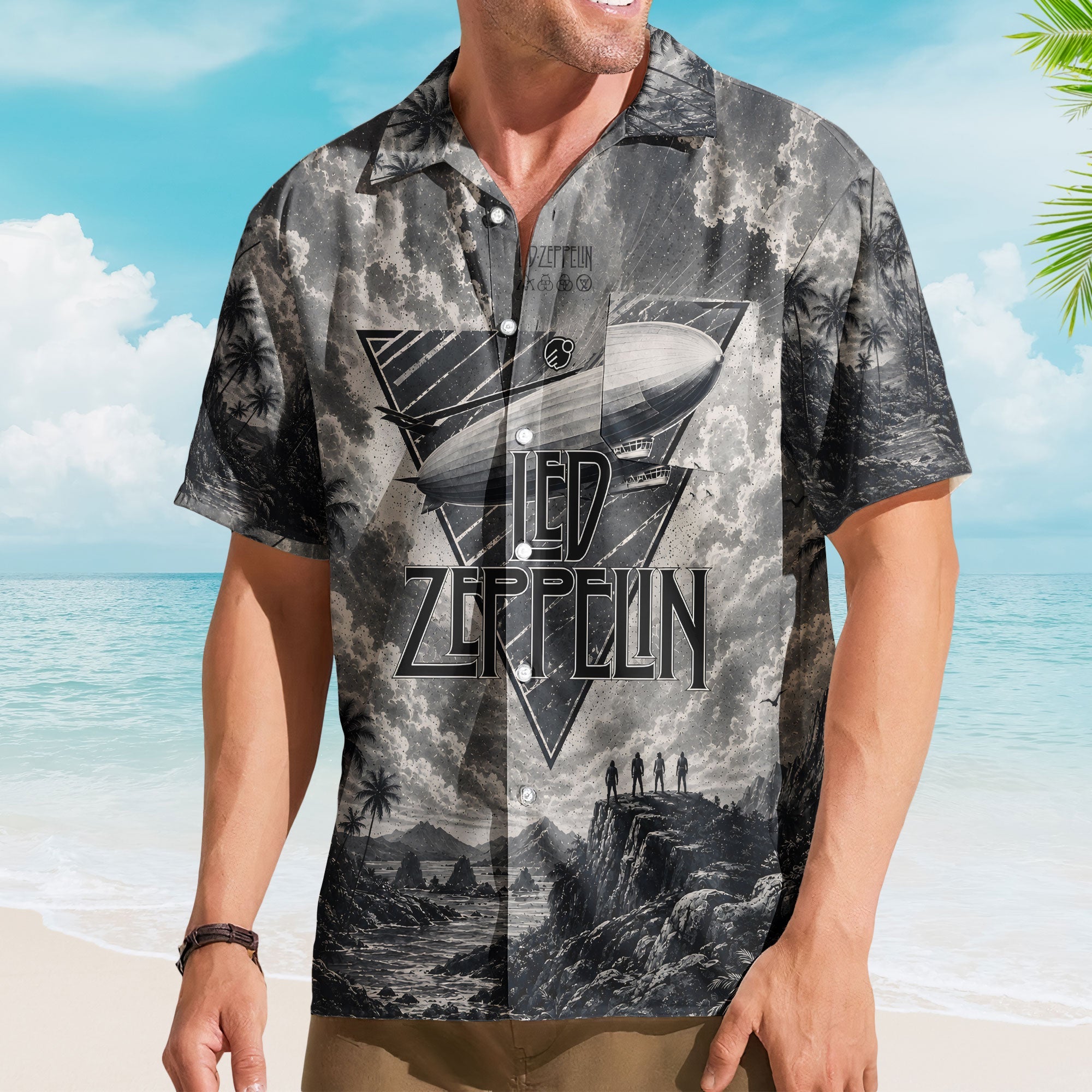 Led Zeppelin Hawaiian Shirt - Unisex Retro Airship Charcoal Sketch Landscape Button Up