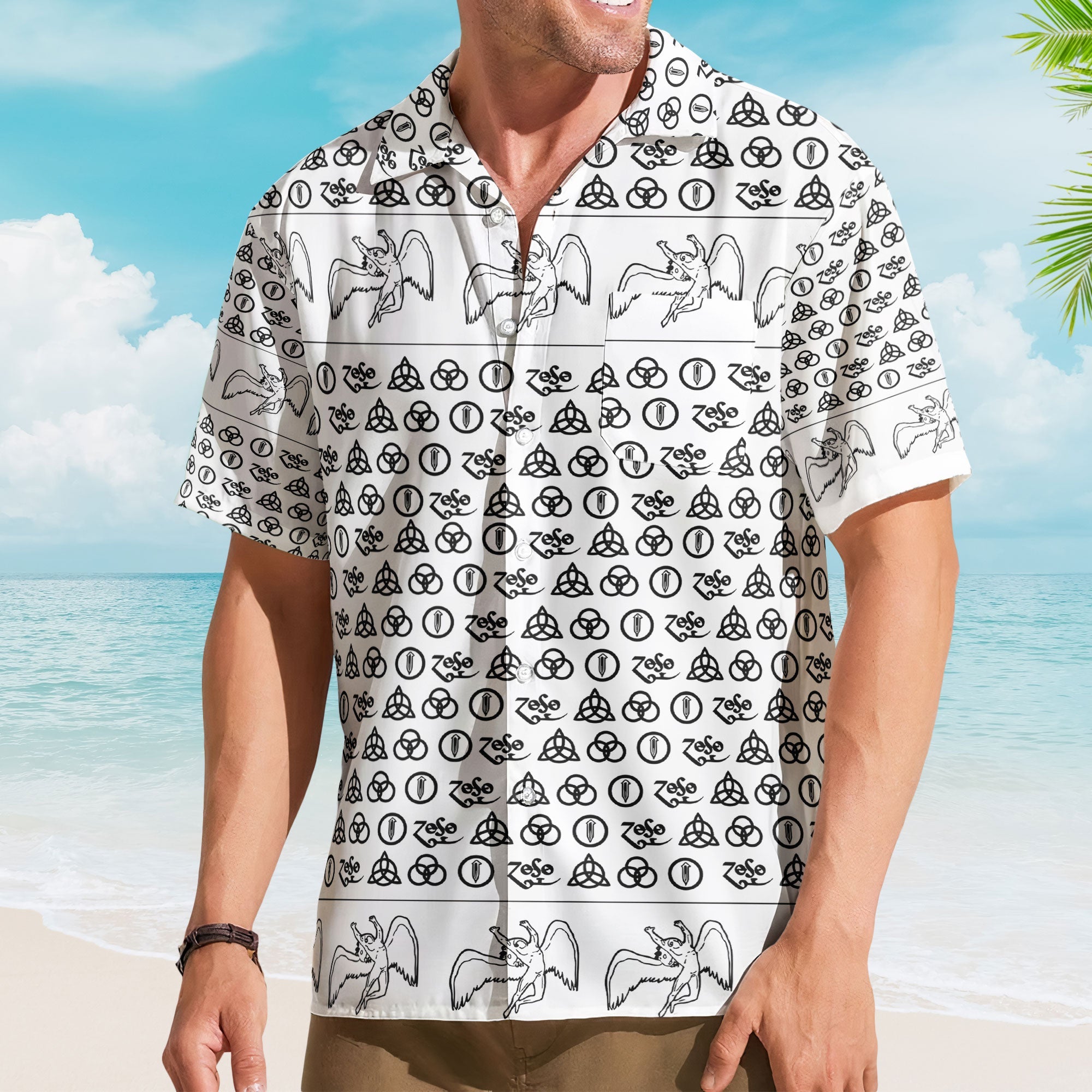 Led Zeppelin Four Symbols Zoso Monogram Hawaiian Shirt - Retro Music Album Art Inspired
