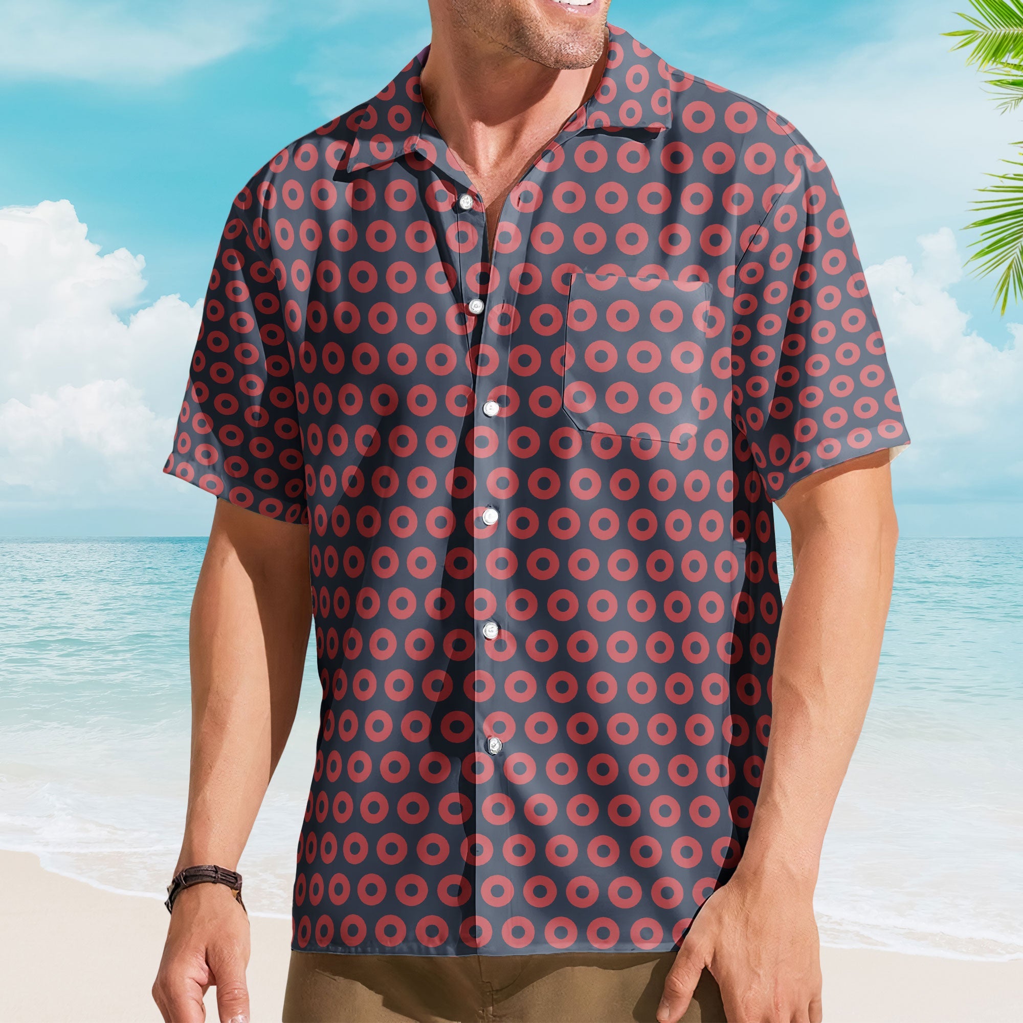 Navy and Red Phish Fishman Donut Unisex Hawaiian Shirt – Retro Music Aloha Button-Up Shirt
