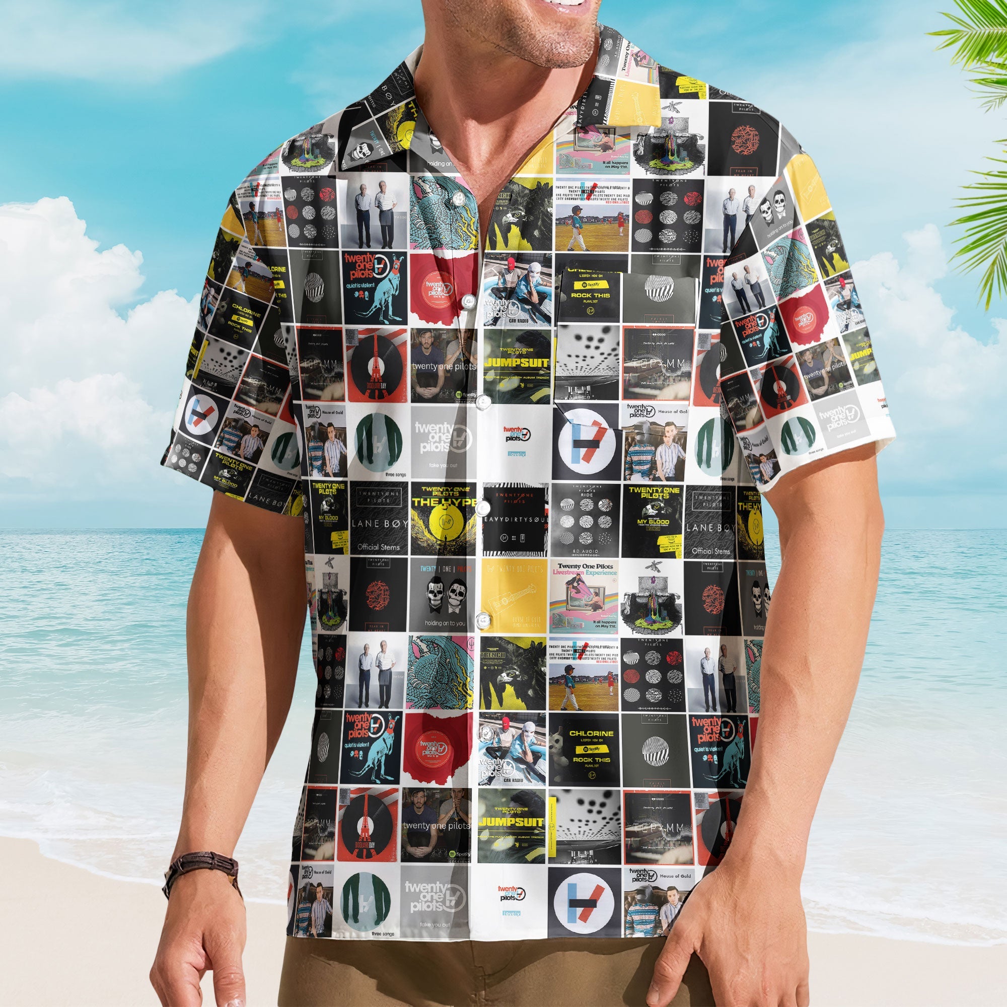 Twenty One Pilots Album Cover Collage Hawaiian Shirt - Unisex Indie Pop Music Summer Button Up
