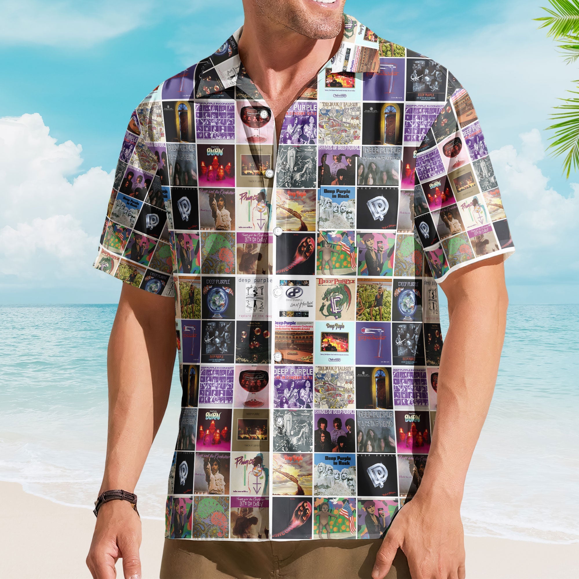 Prince And Deep Purple Album Cover Collage Hawaiian Shirt - Unisex Classic Hard Rock Pop Funk Summer Button Up