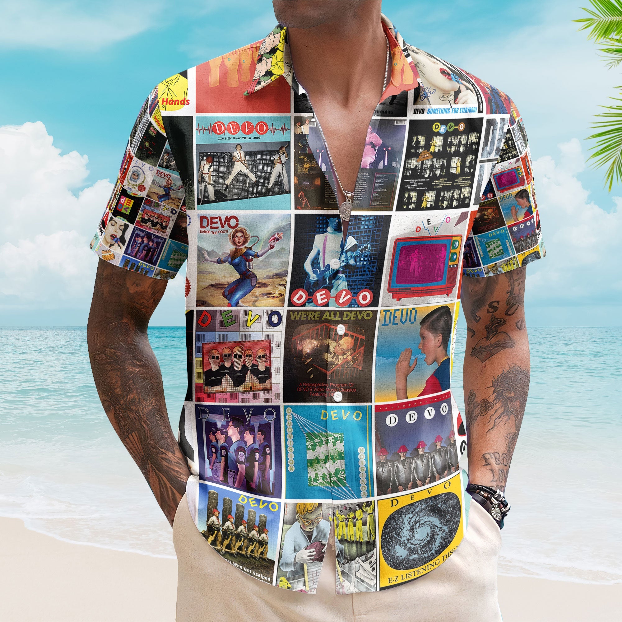 DEVO Album Collage Hawaiian Shirt – Retro New Wave Music Shirt