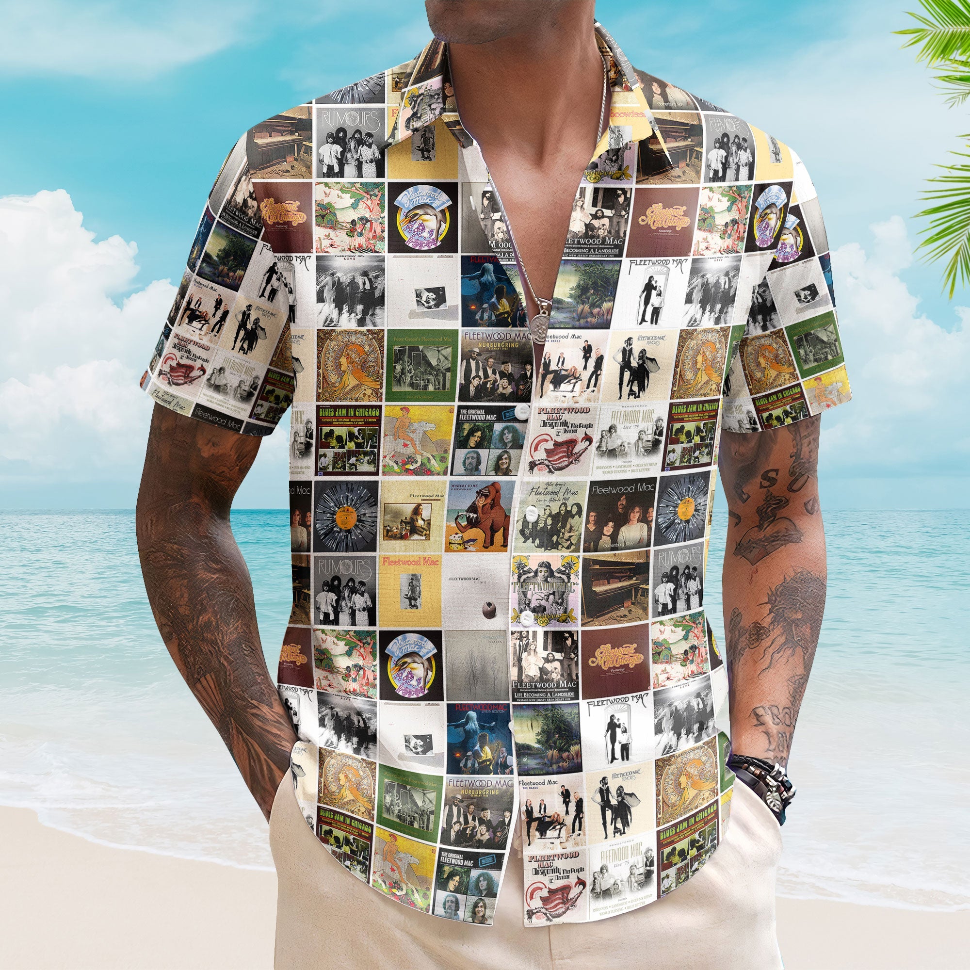 Vintage Fleetwood Mac Cover Collage Hawaiian Shirt - Unisex Soft Rock Music Summer Button Up