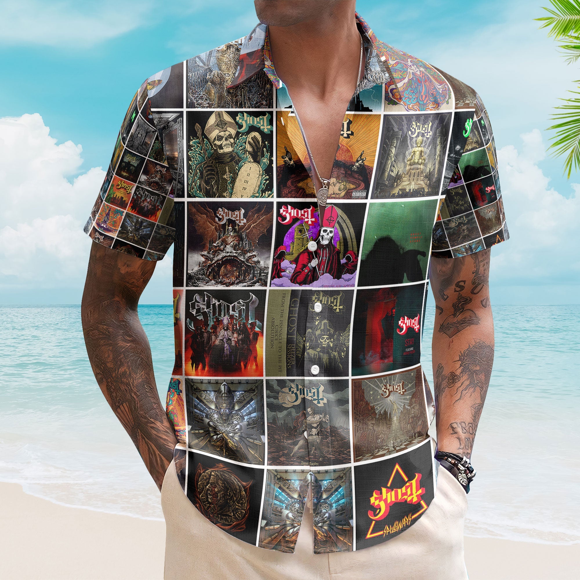 Ghost Band Album Collage Hawaiian Shirt – Gothic Rock Fan Shirt