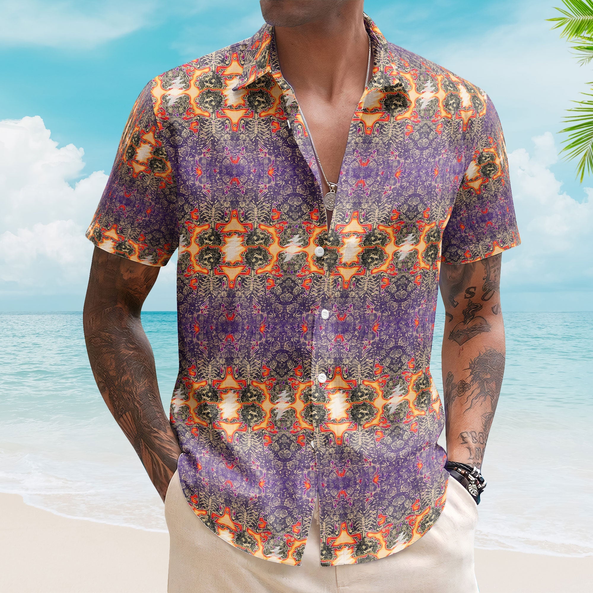 Grateful Dead Inspried Unisex Hawaiian Shirt – Skull & Roses Bolt All-Over Print Button-Up