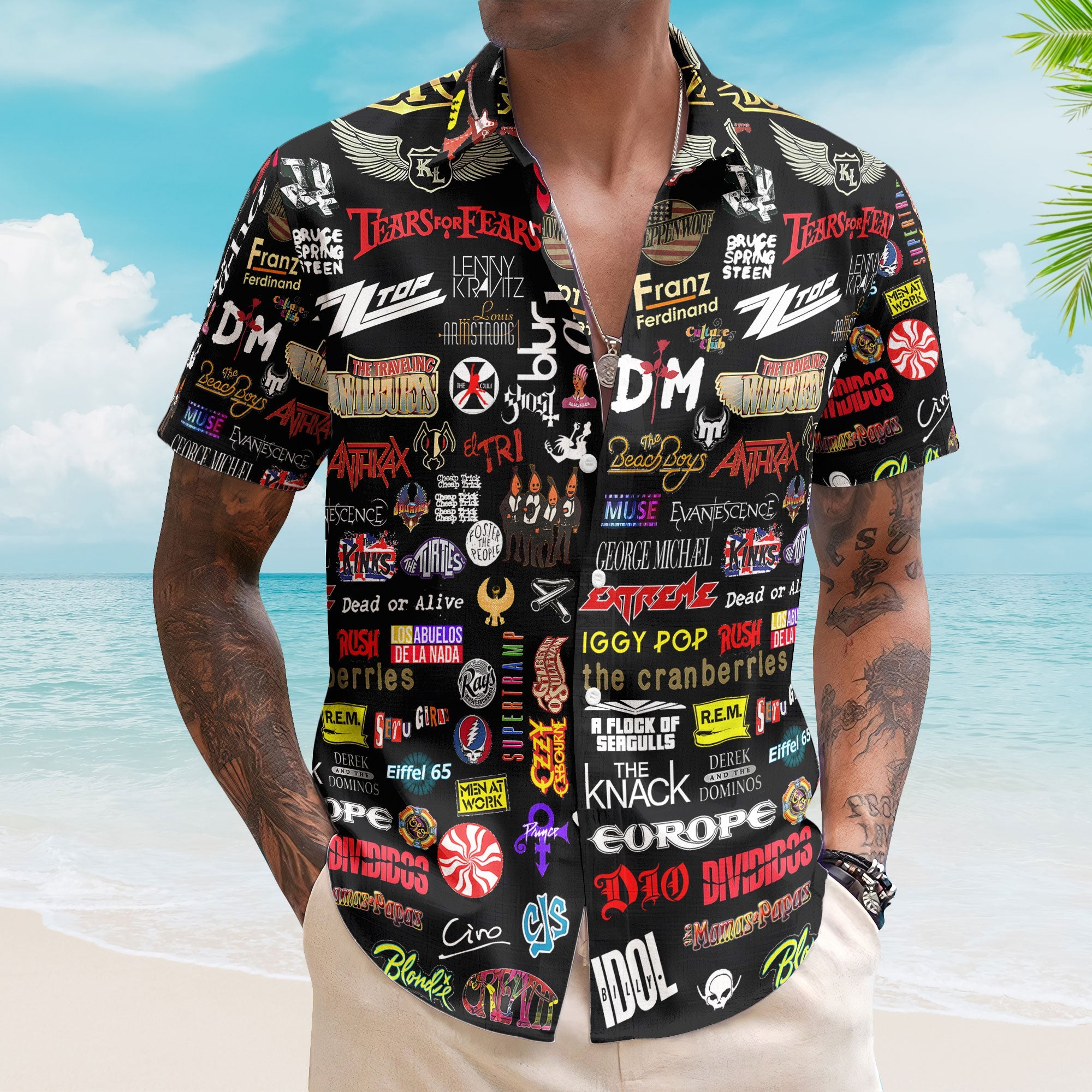 Rock Band Logos Hawaiian Shirt - Unisex 80s Synth Pop Alternative Rock Collage Button Up