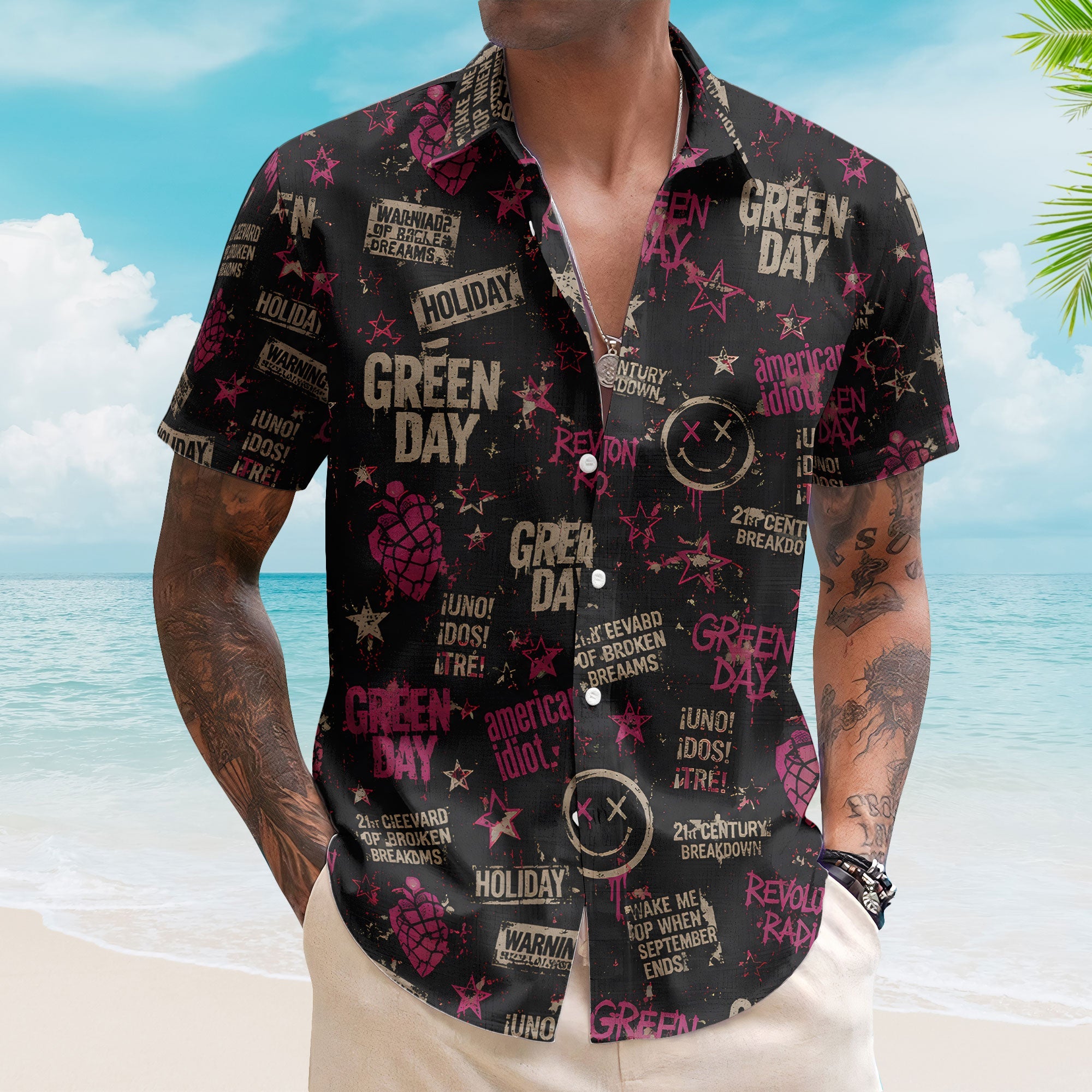Green Day Hawaiian Shirt - Unisex Punk Rock American Idiot Pink Heart Button Up