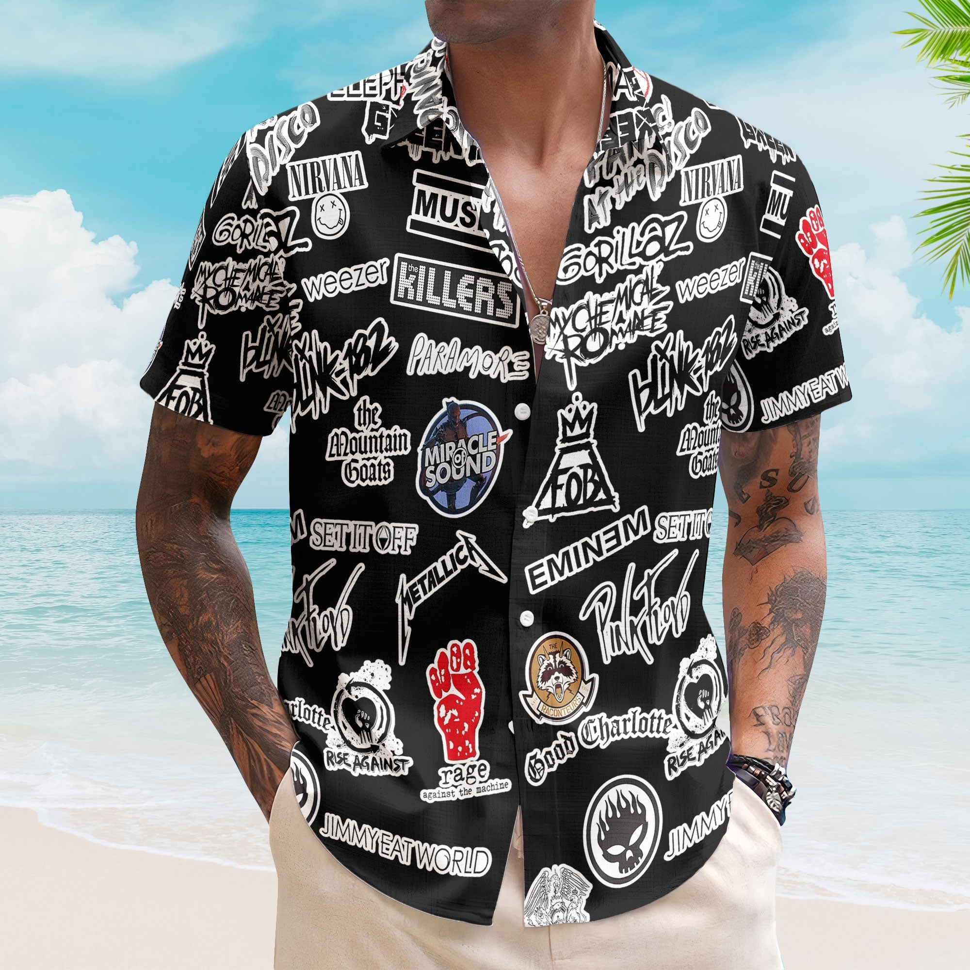 Alternative Rock And Pop Punk Band Logos Hawaiian Shirt - Unisex Black Summer Rock Concert Shirt