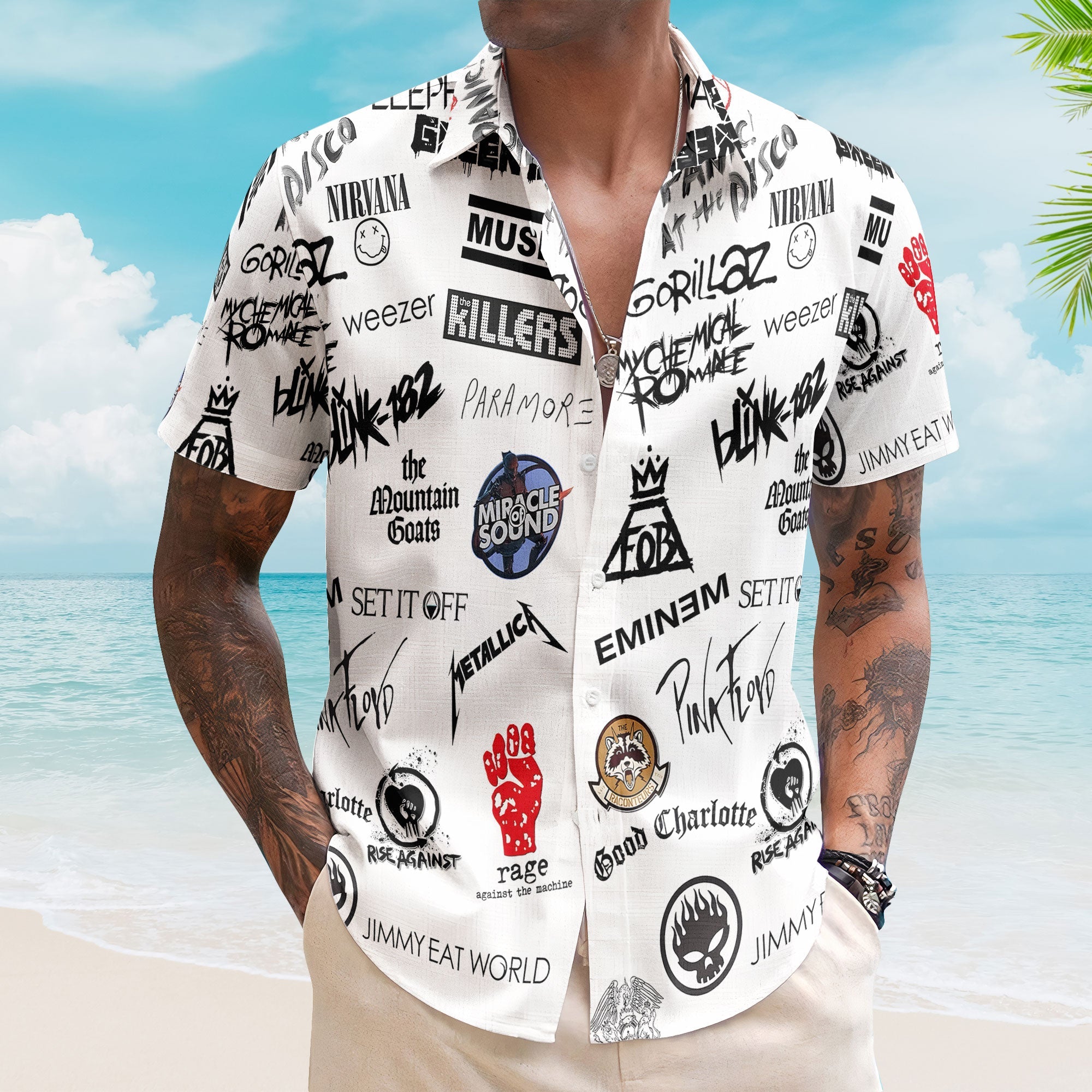 Pop Punk And Alternative Rock Band Logos Hawaiian Shirt - Unisex 2000s Emo Music Collage Button Up