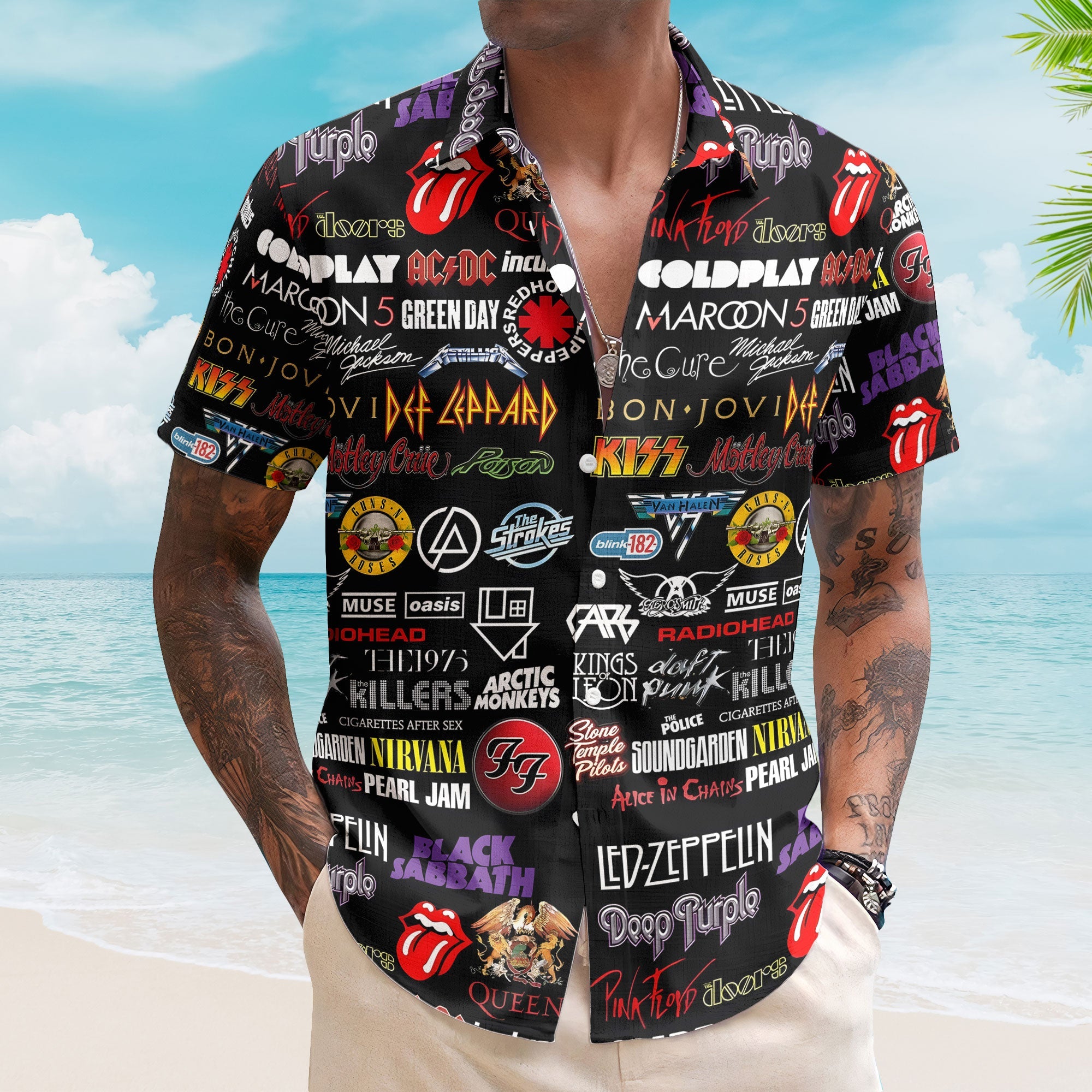 Rock Band Legends Logos Hawaiian Shirt - Unisex Pop Rock Grid Collage Resort Wear