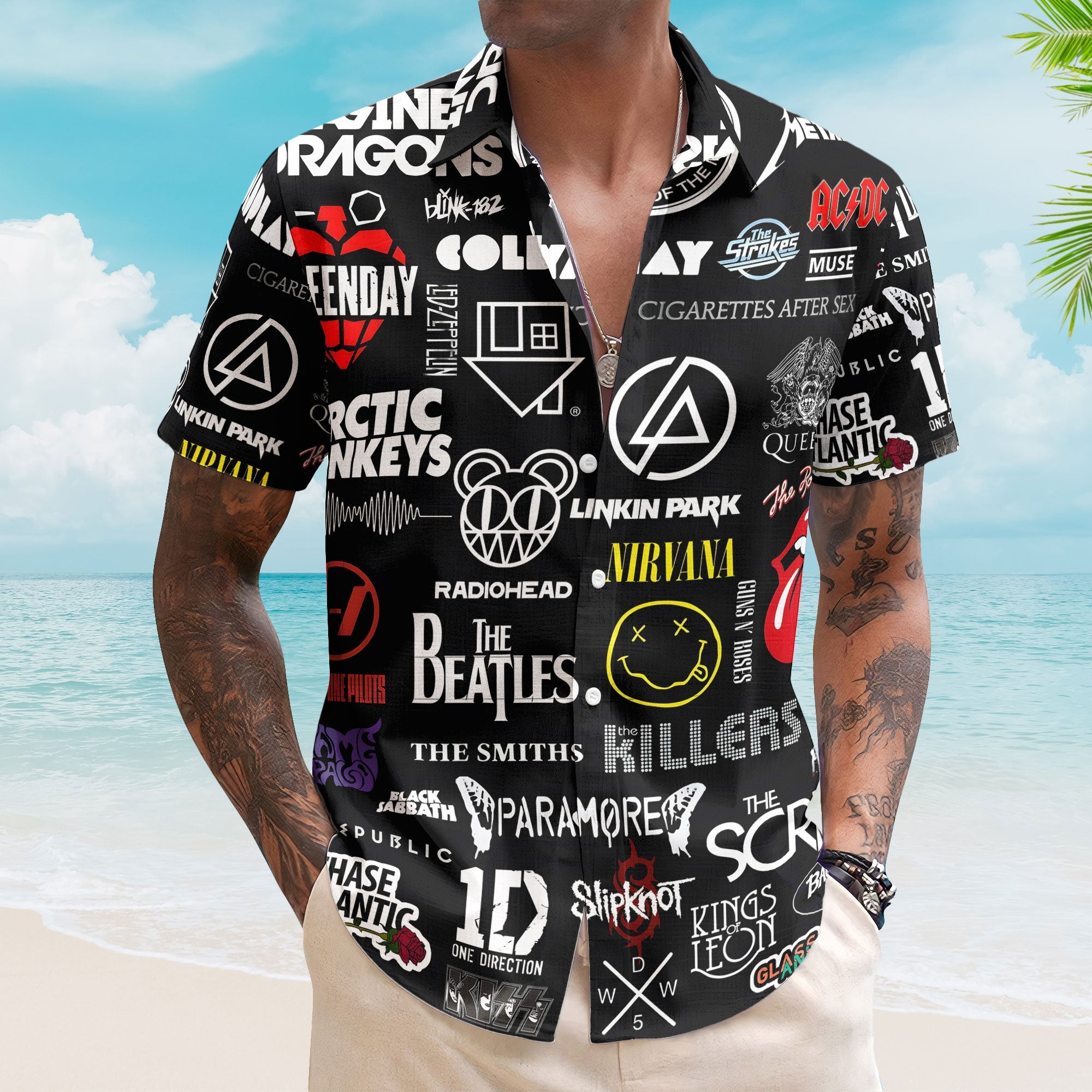Vintage Rock Legends Logos Hawaiian Shirt - Unisex White Tech Graphic Black Summer Shirt