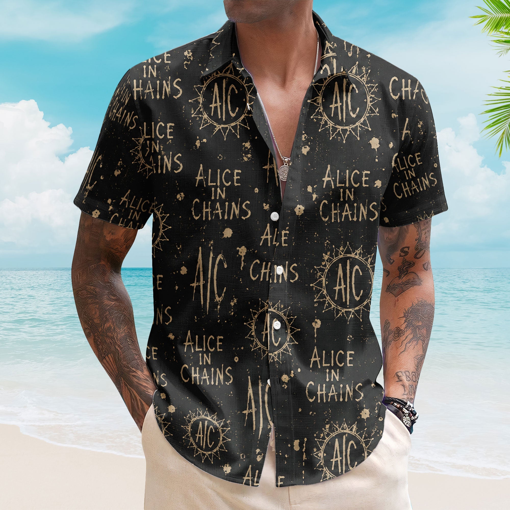 Alice in Chains Hawaiian Shirt - Unisex Grunge Rock AIC Sun Black Summer Button Up