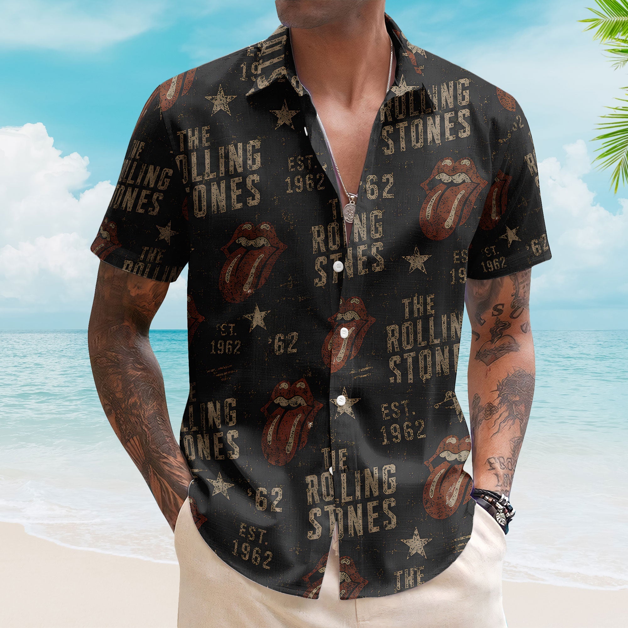 The Rolling Stones Hawaiian Shirt - Unisex Classic Rock Tongue Logo Black Button Up