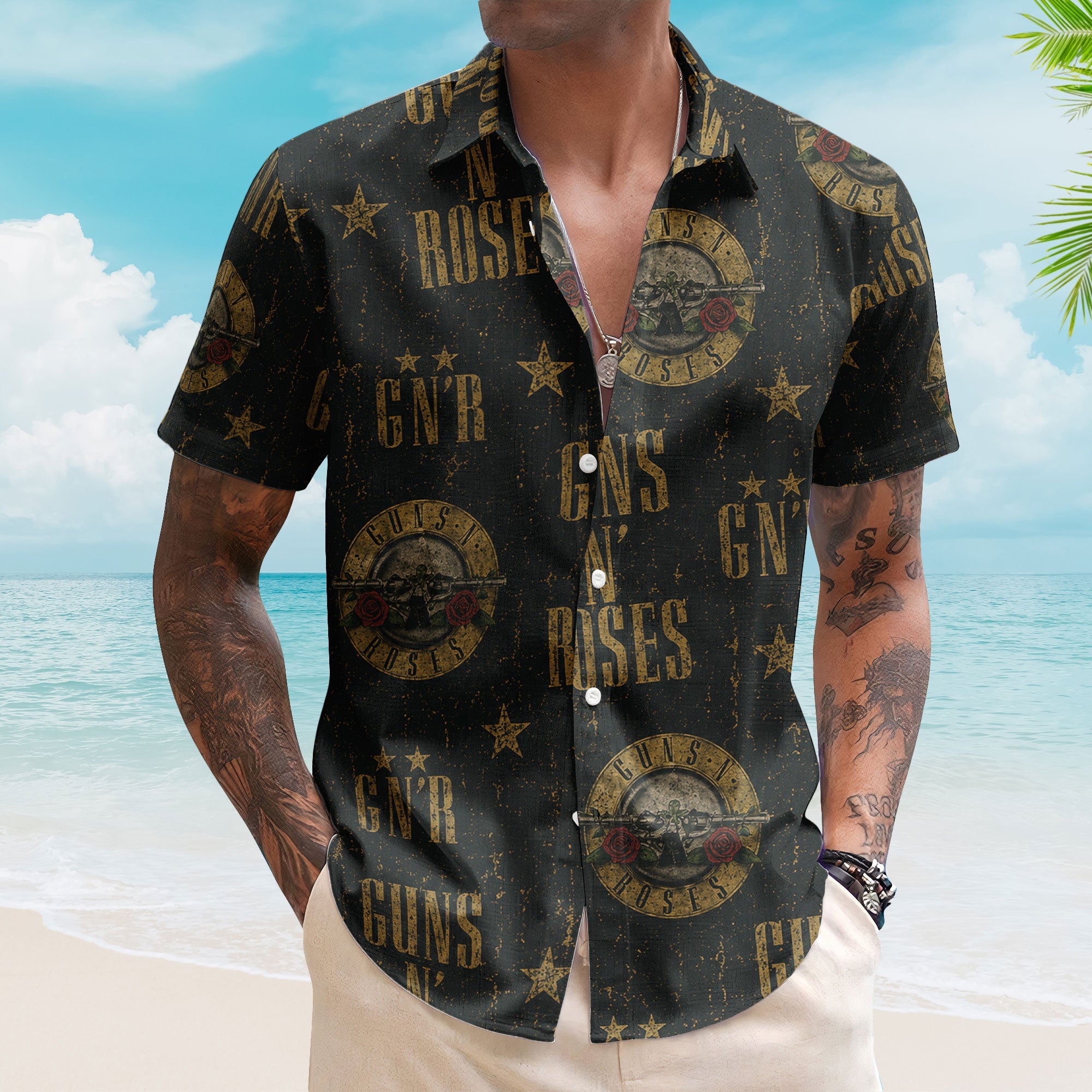 Guns N Roses Hawaiian Shirt - Unisex Hard Rock Bullet Logo Black Button Up
