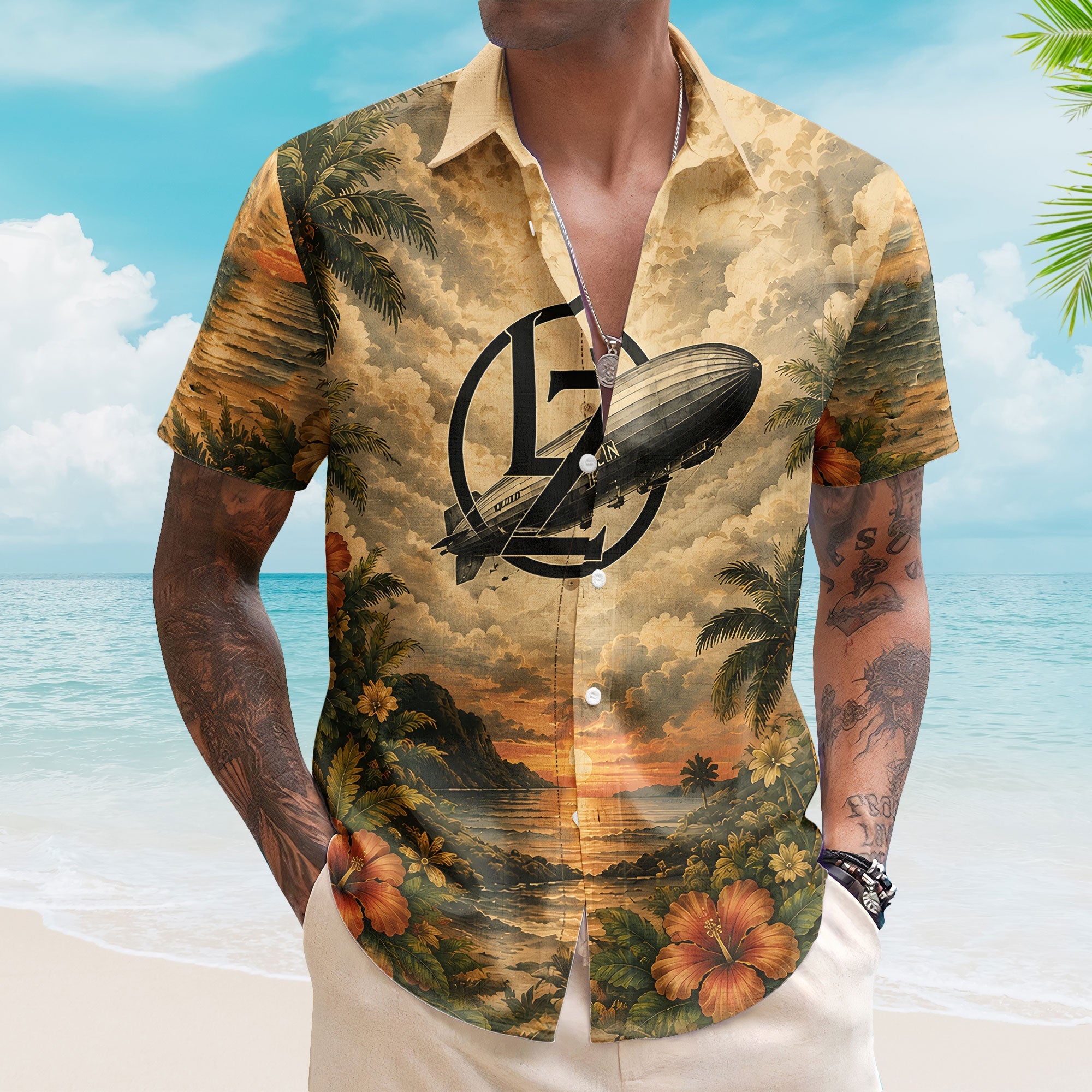 Led Zeppelin Hawaiian Shirt - Unisex Classic Rock Zeppelin Airship Sun Button Up