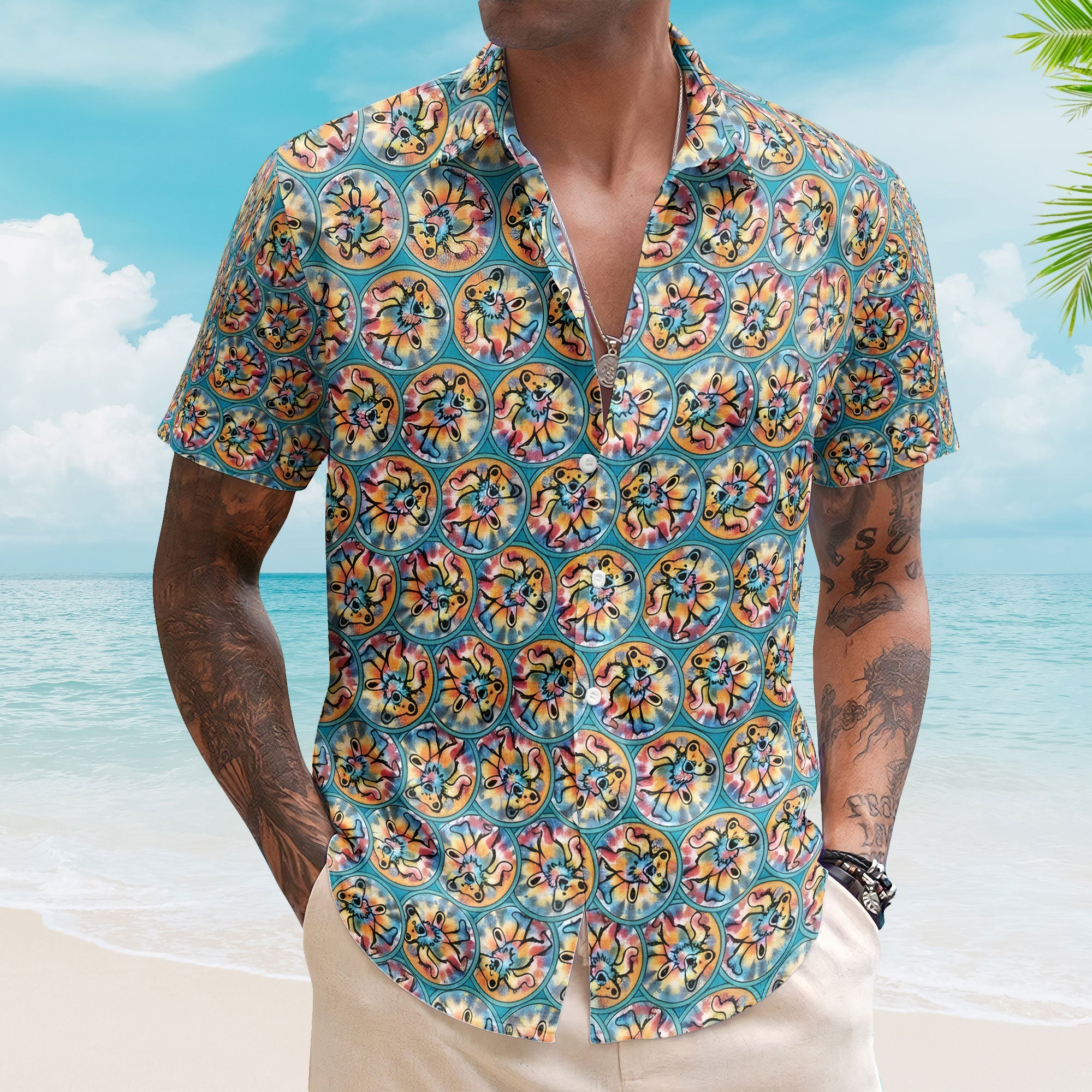 Grateful Dead Inspried Hawaiian Shirt – Dancing Bears All-Over Print Button-Up