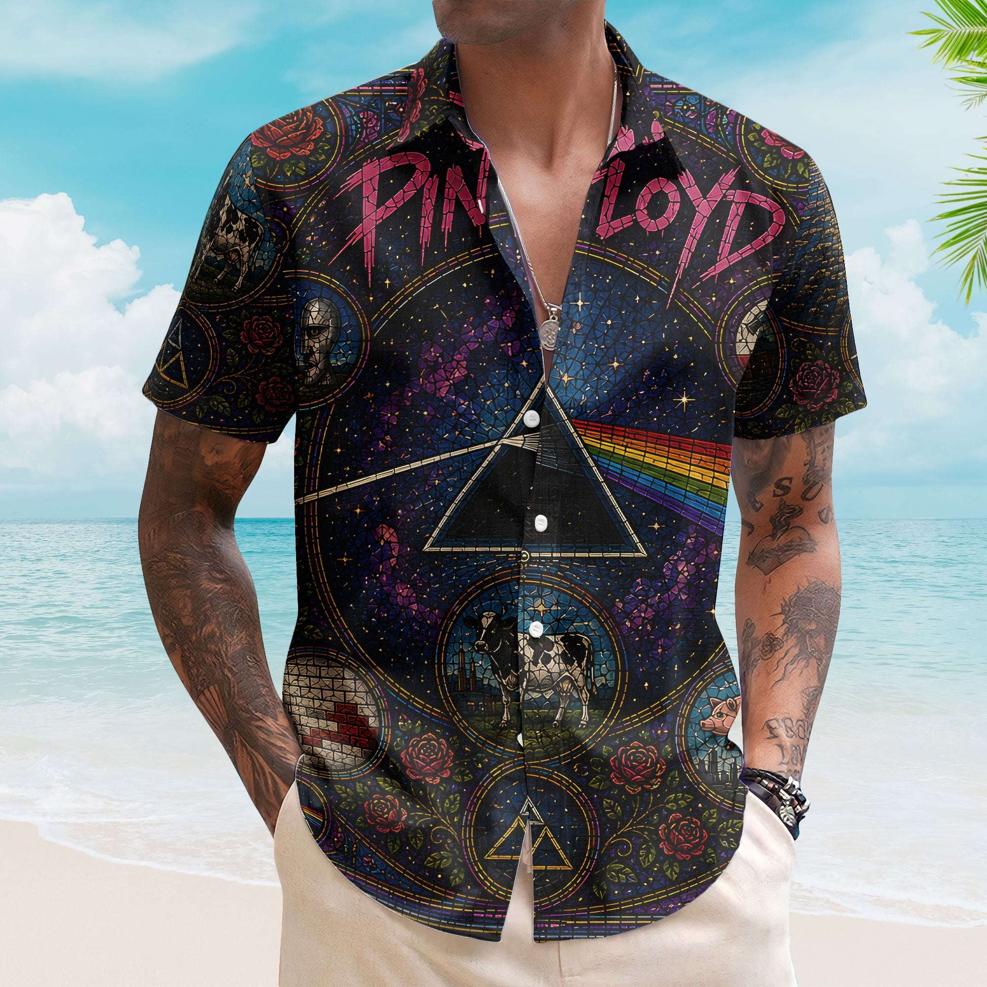 Pink Floyd Gothic Stained Glass Hawaiian Shirt - Unisex Retro Pink Floyd Concert Tour Merch