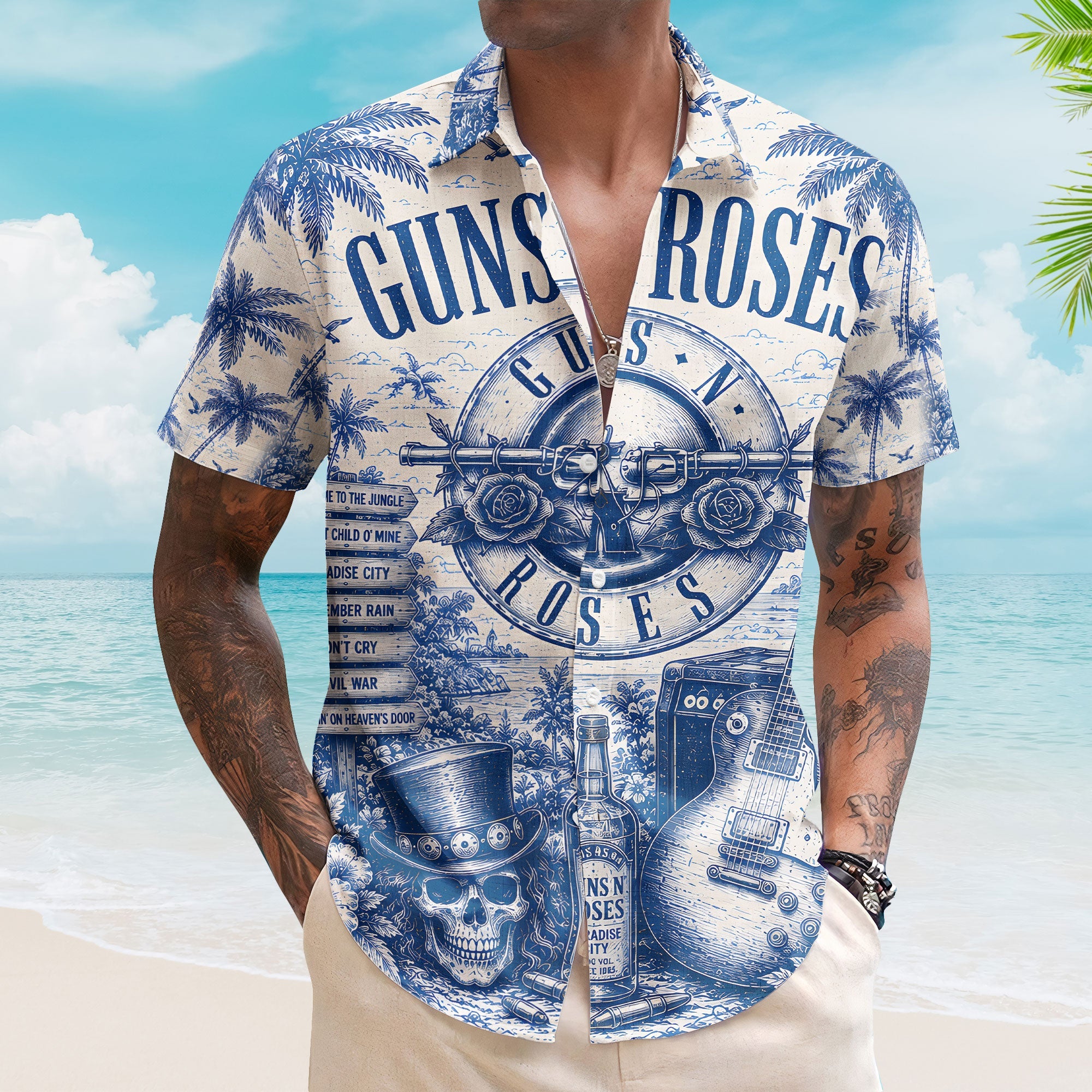 Guns N Roses Toile De Jouy Hawaiian Shirt - Unisex Bullet Logo Slash Skull Fan Gifts Rock Merch