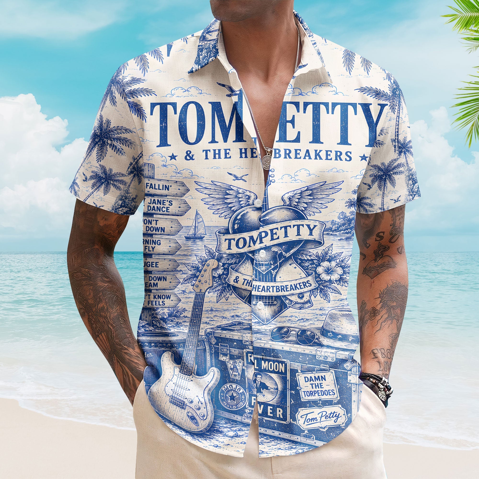 Tom Petty Ocean Scene Hawaiian Shirt - Unisex Heartbreaker Logo Fan Gifts Heartland Button Up