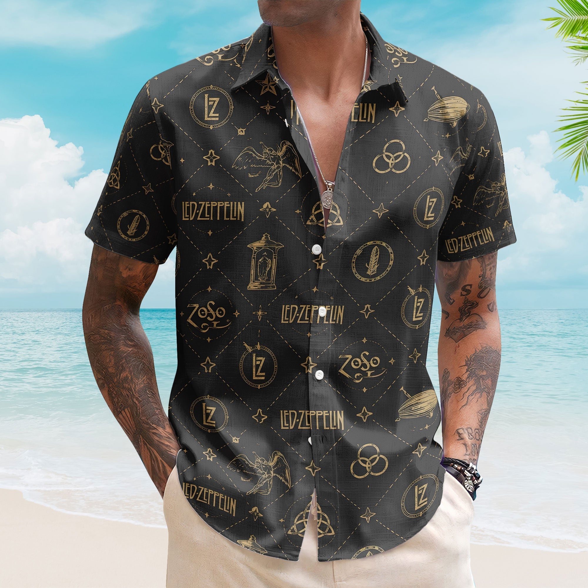Led Zeppelin Symbols Hawaiian Shirt – Vintage Gold Icon Resort Shirt for Classic Rock Fans
