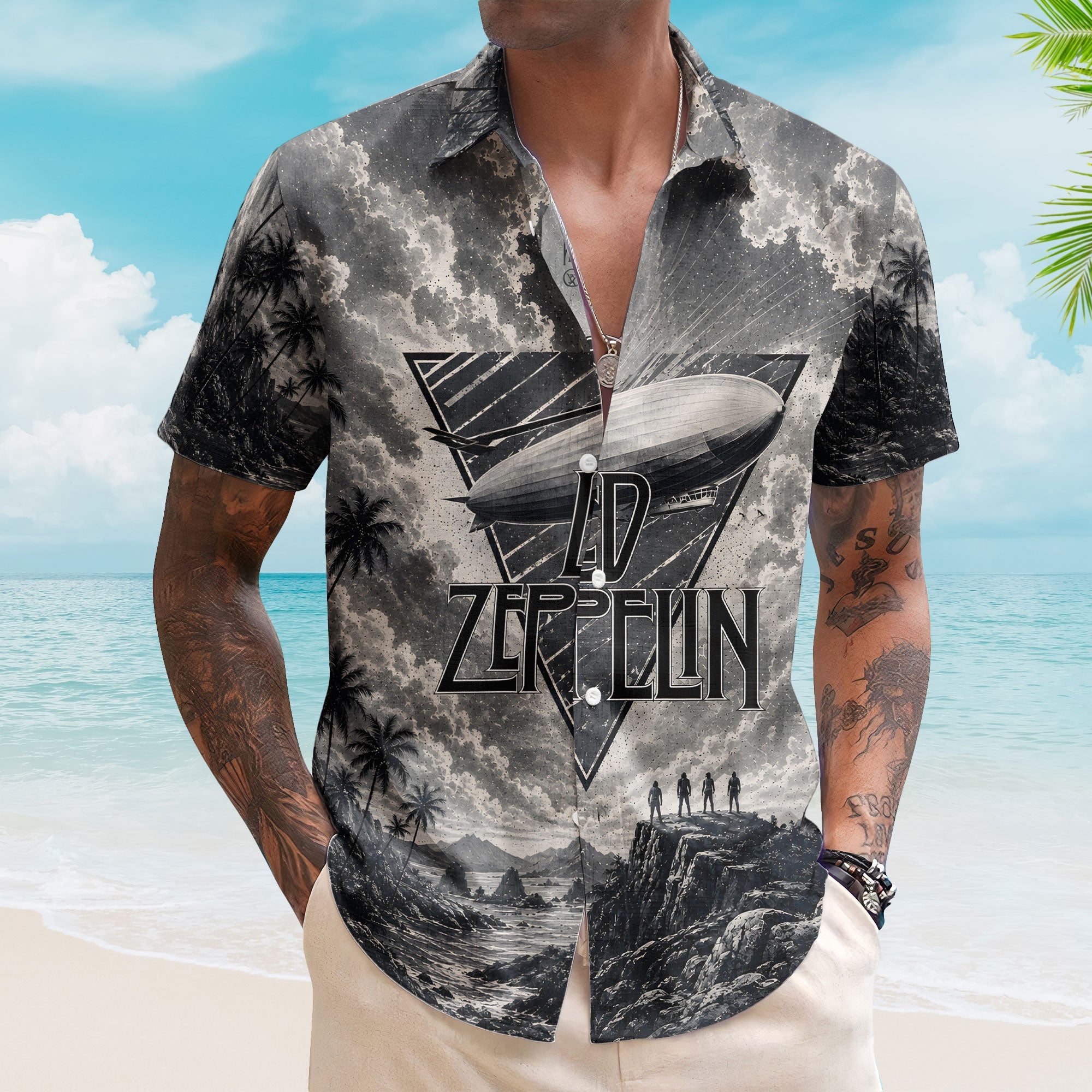 Led Zeppelin Hawaiian Shirt - Unisex Retro Airship Charcoal Sketch Landscape Button Up