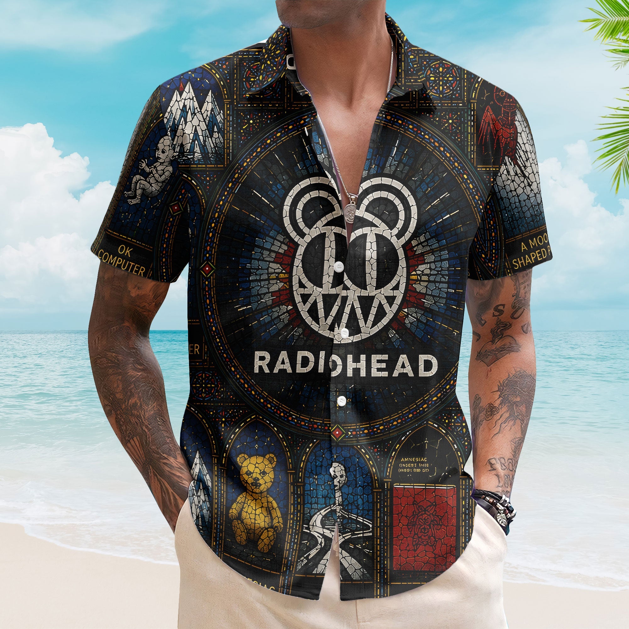 Radiohead Hawaiian Shirt - Unisex Retro Modified Bear Cathedral Window Button Up