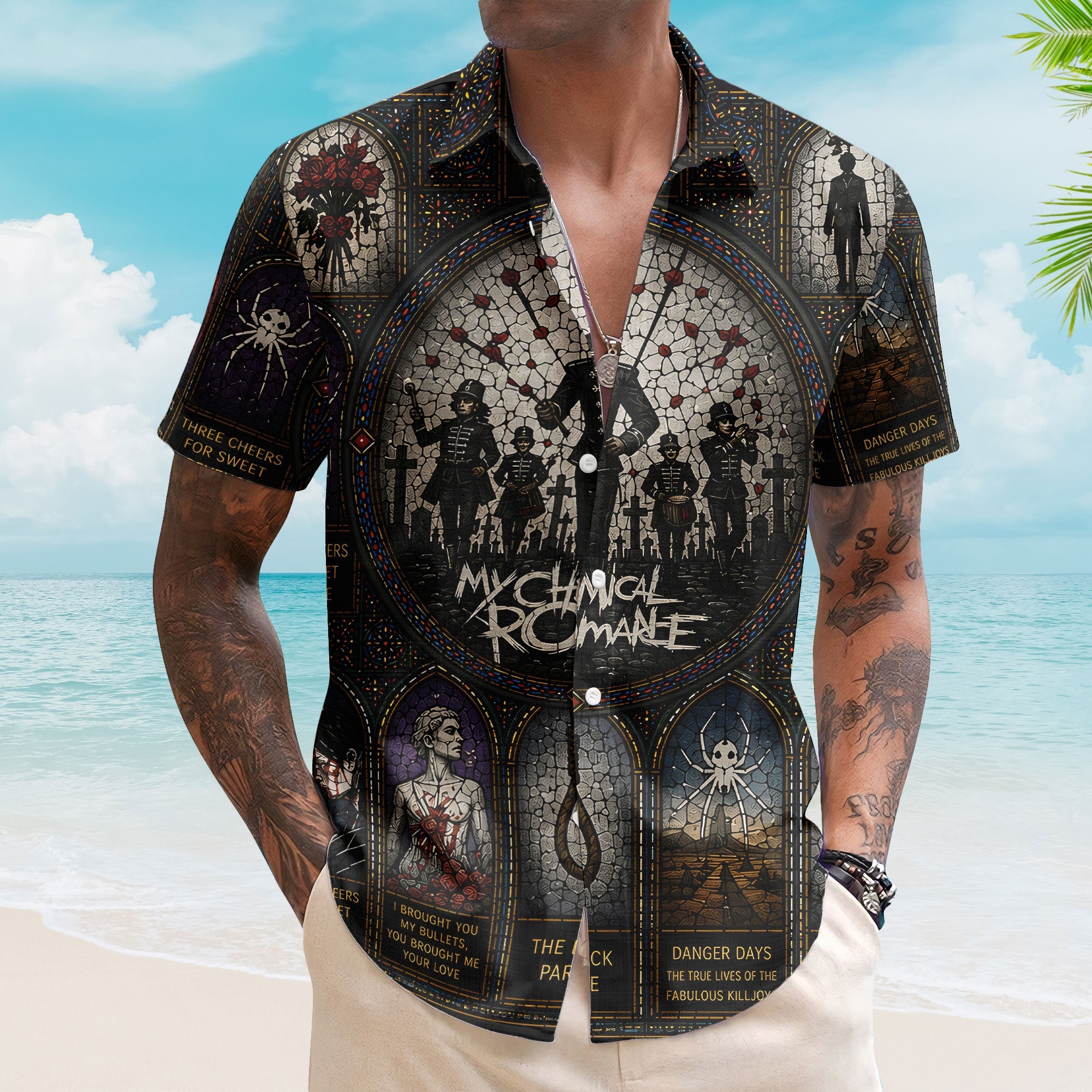 My Chemical Romance Gothic Stained Glass Hawaiian Shirt - Unisex Emo Rock Beach Button Up