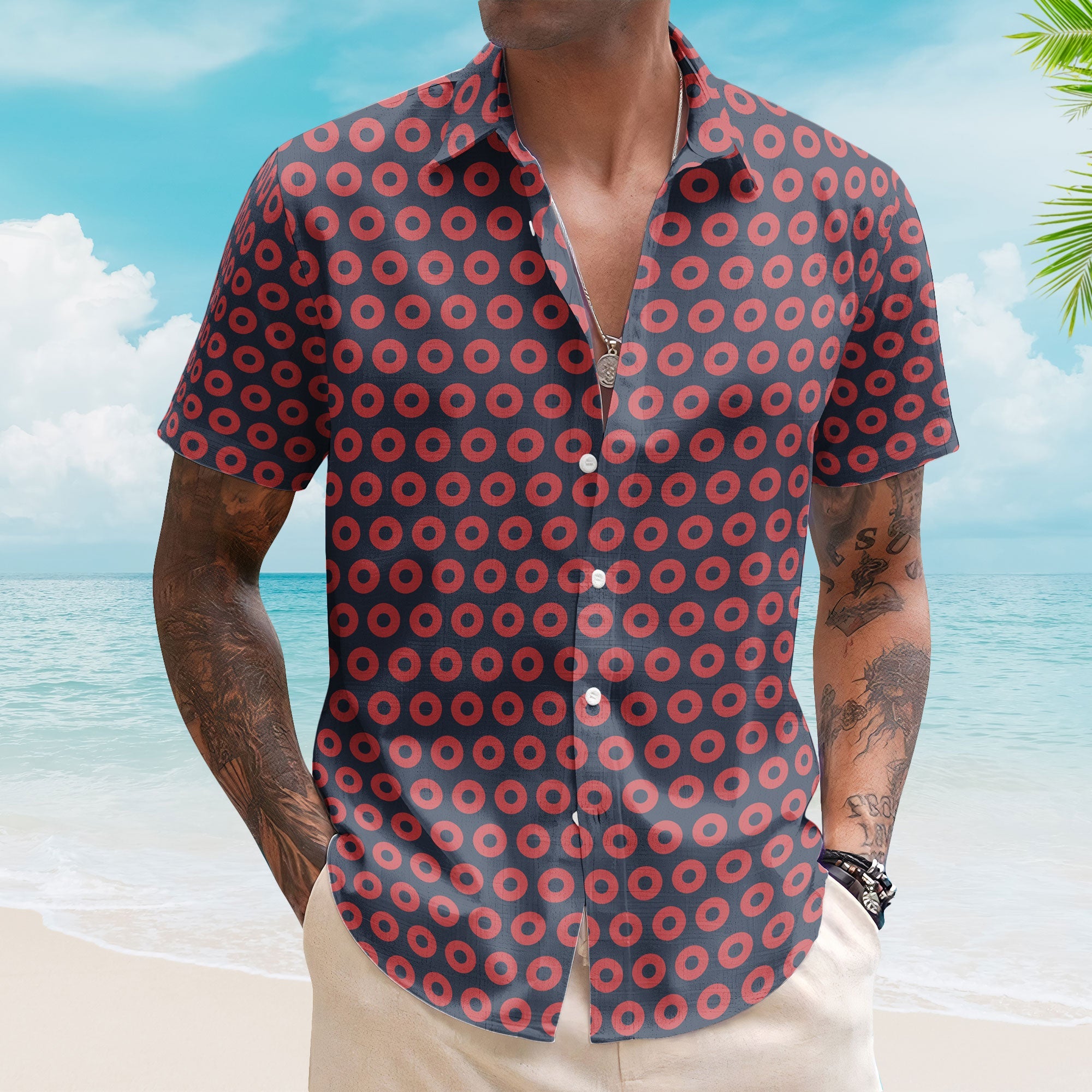 Navy and Red Phish Fishman Donut Unisex Hawaiian Shirt – Retro Music Aloha Button-Up Shirt