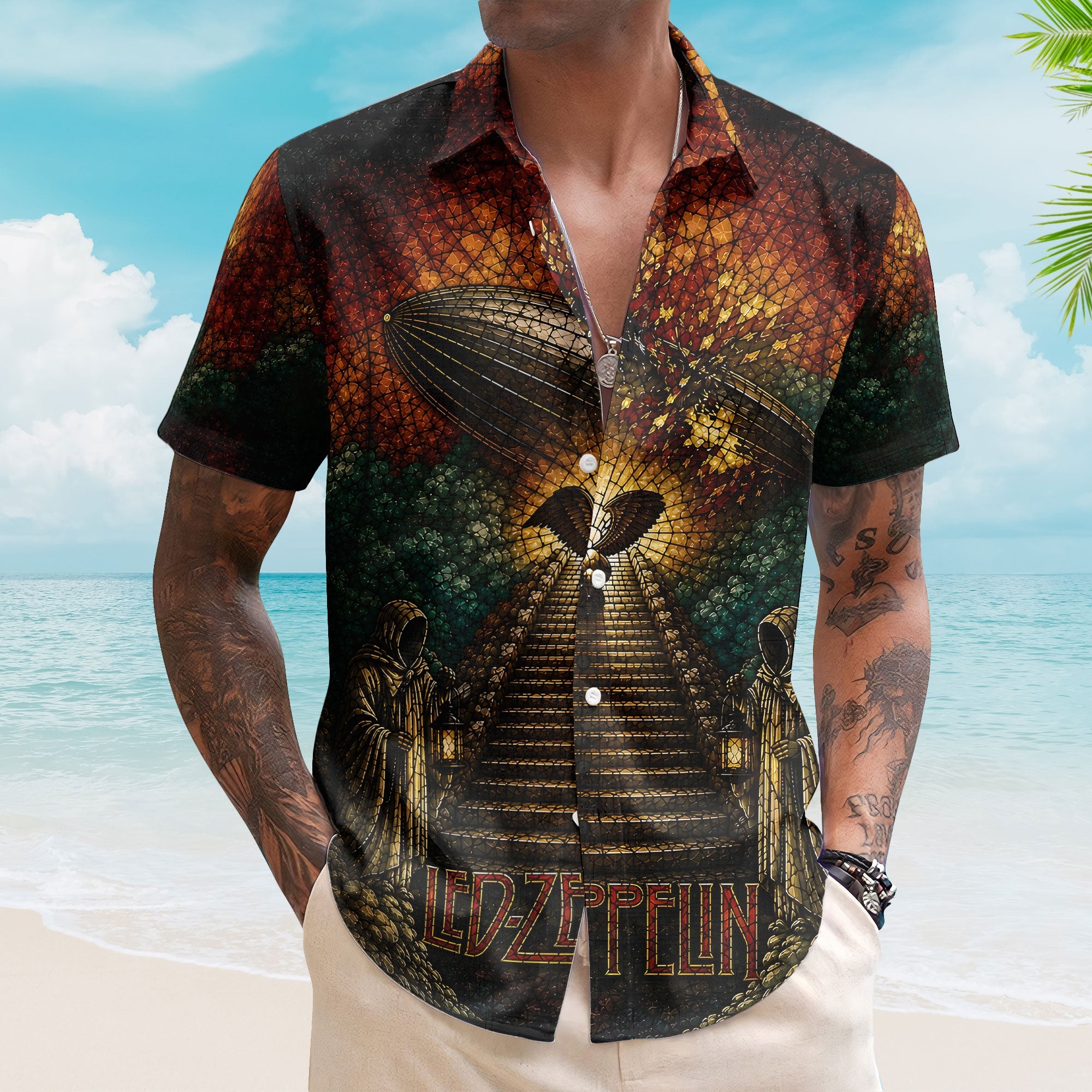 Led Zeppelin Stained Glass Hawaiian Shirt - Unisex Airship Stairway To Heaven Button Up