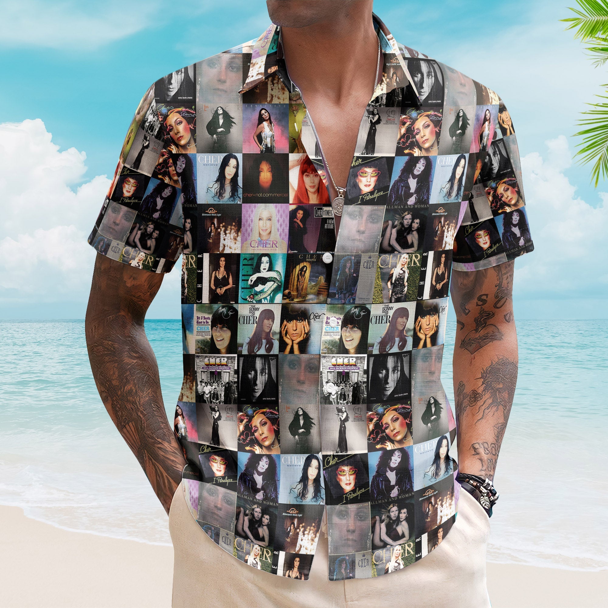 Cher Retro Music Album Art Mosaic Grid Colorful Hawaiian Shirt – Retro Music Album Art Inspired Unisex Shirt