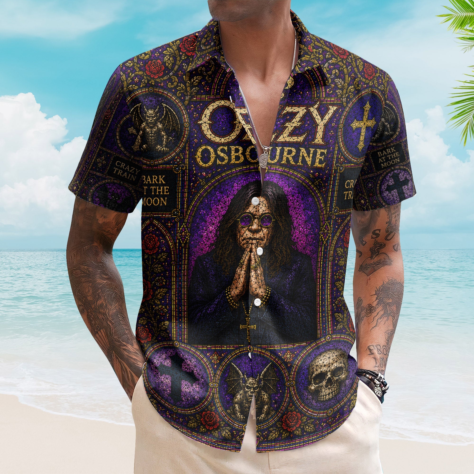 Ozzy Osbourne Gothic Stained Glass Hawaiian Shirt - Unisex Heavy Metal Beach Button Up