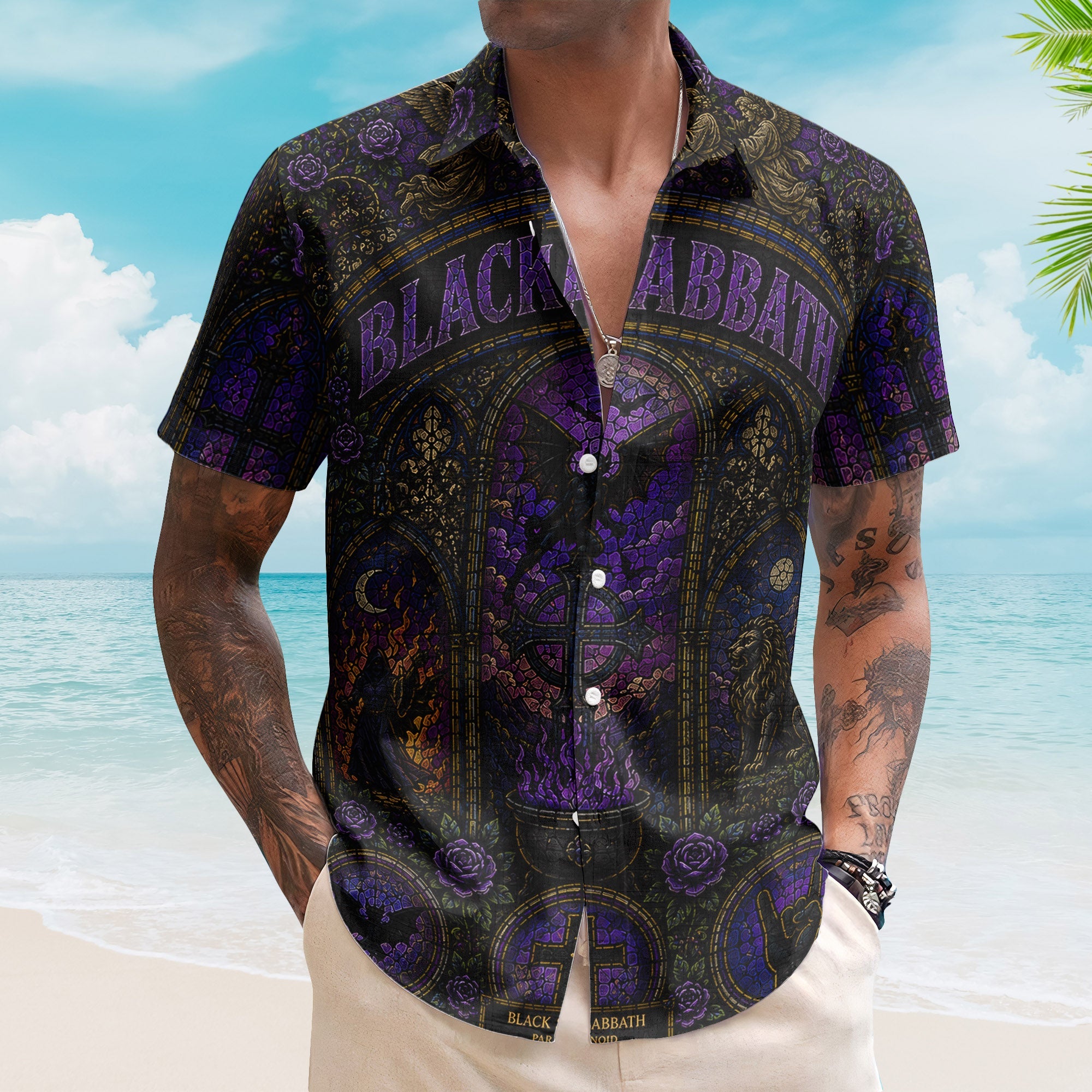 Black Sabbath Hawaiian Shirt - Unisex Retro Doom Rock Purple Cathedral Window Button Up