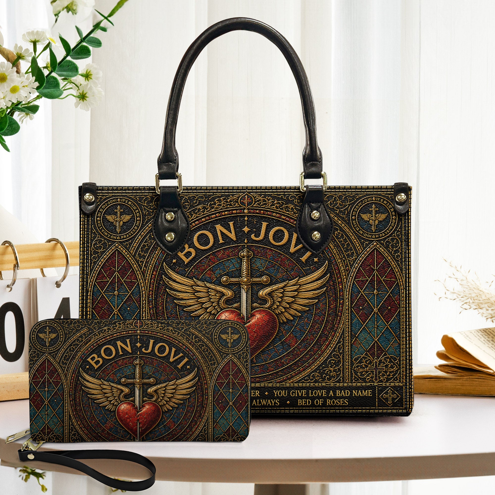 Bon Jovi Handbag, Tote Bag and Wallet Set, Stained Glass Heart and Dagger Design, Classic Rock Music Fan Gift