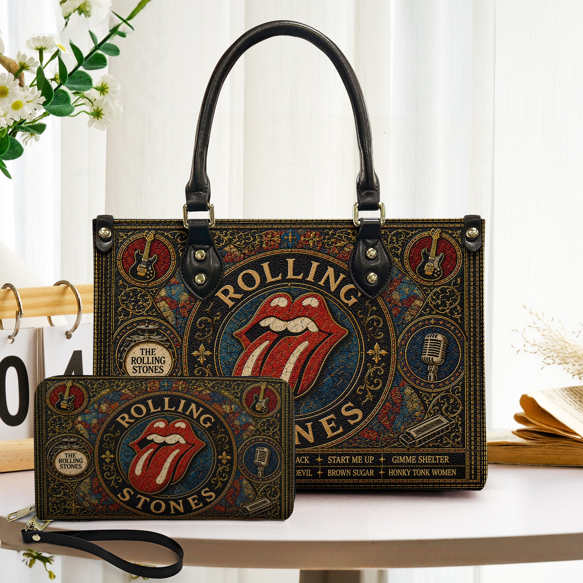 The Rolling Stones Leather Handbag, Tote Bag and Wallet Set, Vintage Stained Glass Tongue Logo Design, Classic Rock Fan Gift