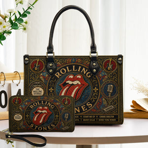 The Rolling Stones Leather Handbag, Tote Bag and Wallet Set, Vintage Stained Glass Tongue Logo Design, Classic Rock Fan Gift