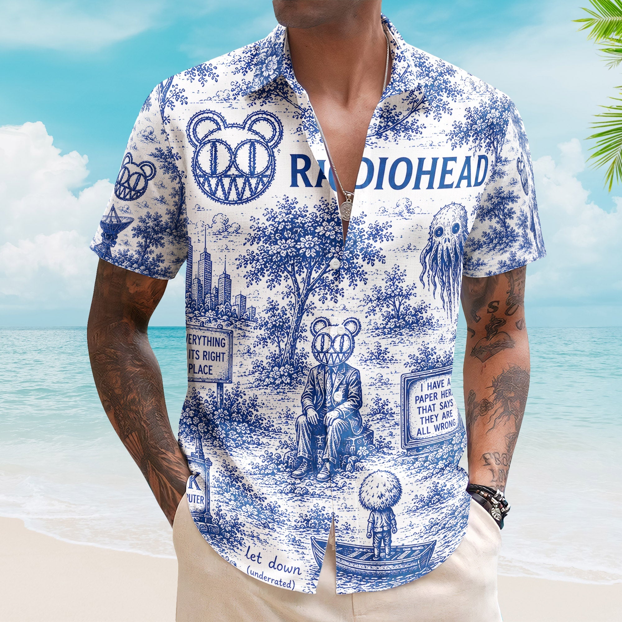 Radiohead Hawaiian Shirt - Unisex Modified Bear Blue White Porcelain Button Up