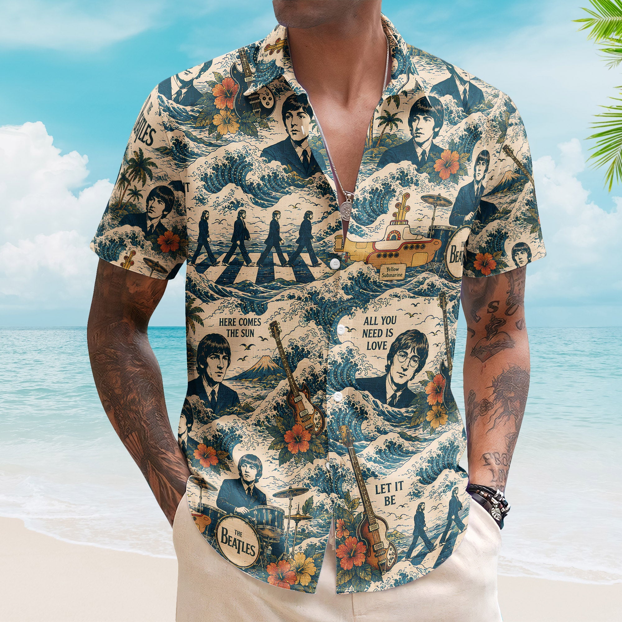 The Beatles Yellow Submarine Abbey Road Retro Japanese Wave Hawaiian Shirt – Retro Music Album Art Inspired Unisex Shirt
