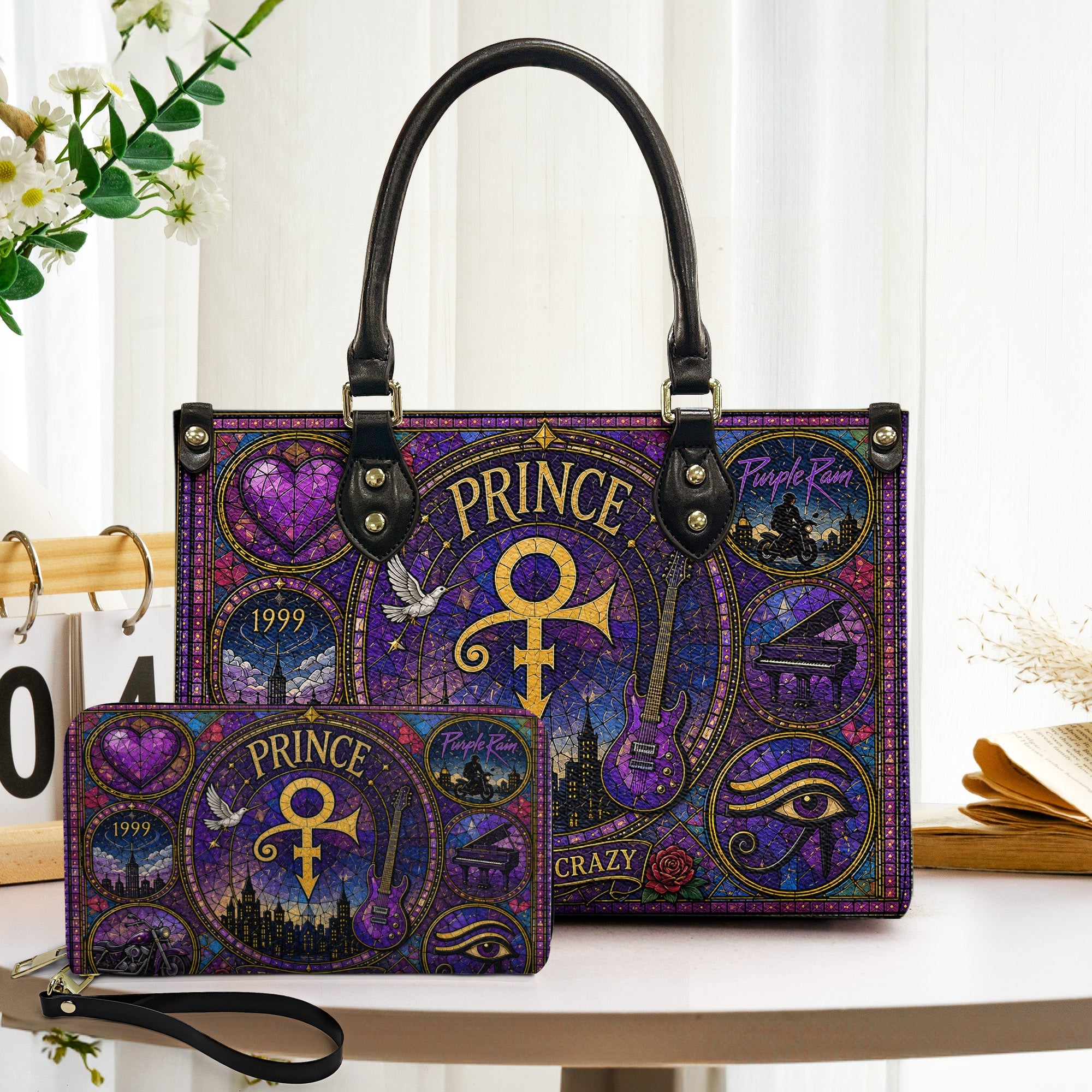 Prince Leather Handbag, Tote Bag and Wallet Set, Purple Stained Glass Symbol Design, Purple Rain Music Fan Gift