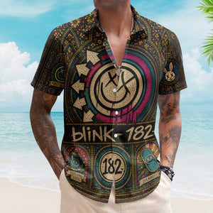 Blink-182 Hawaiian Shirt - Unisex Retro Smiley Face Cathedral Window Button Up