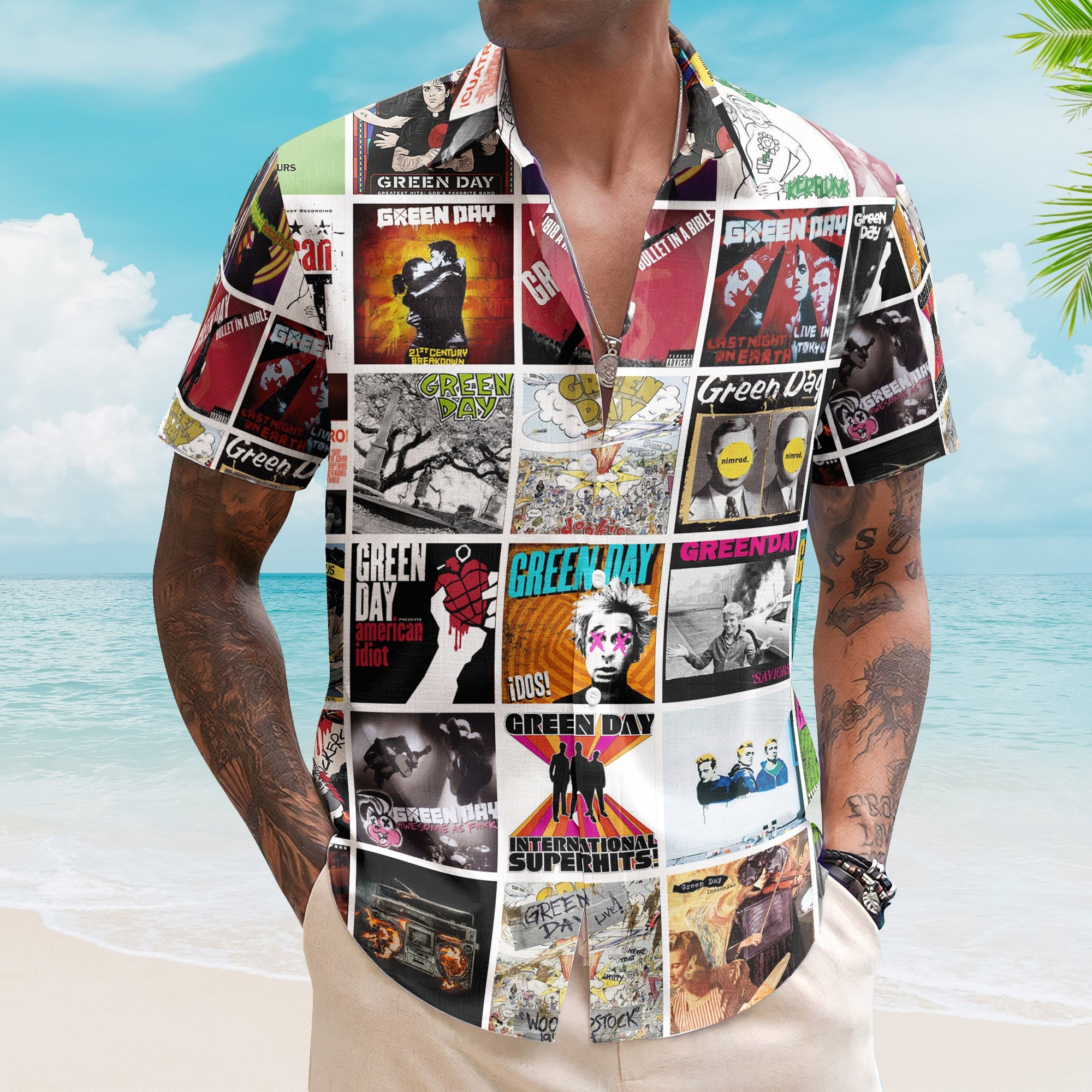Green Day Album Collage Hawaiian Shirt – Rock Band Fan Shirt