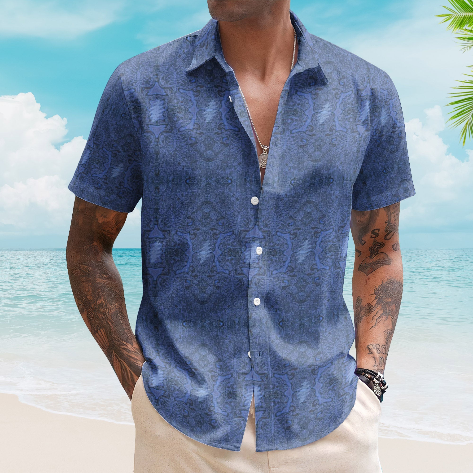 Viola Lee Blues II Electric Woodcut Skull & Roses Hawaiian Shirt – Retro Music Grateful Dead Inspired Aloha Shirt )