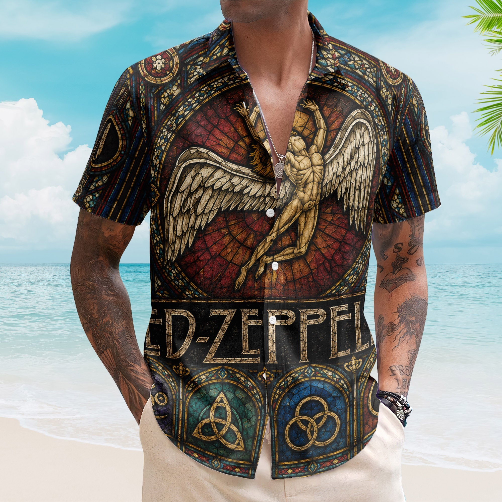 Led Zeppelin Swan Song Angel Hawaiian Shirt - Unisex Colorful Stained Glass Button Up