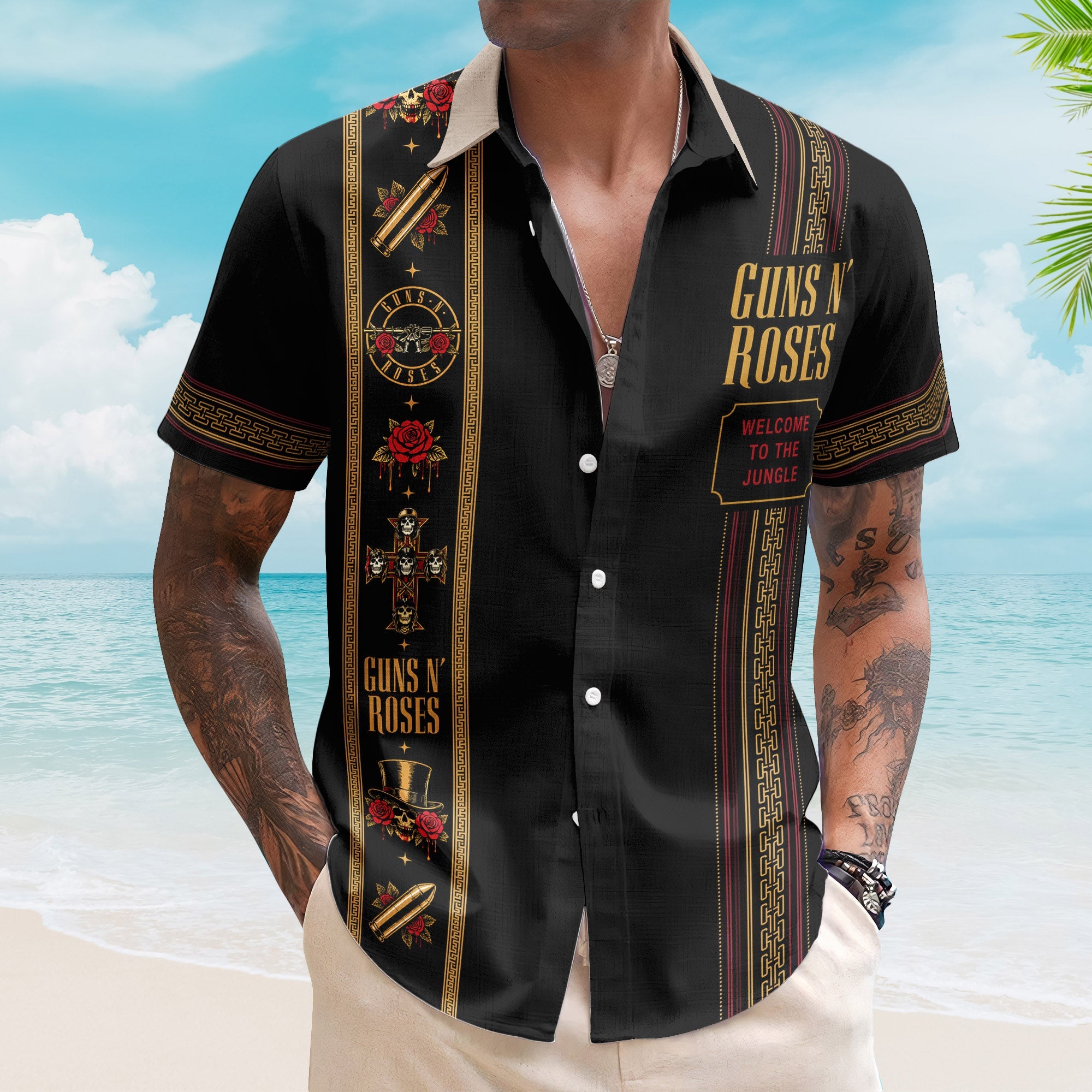 Guns N' Roses Luxury Design Hawaiian Shirt – Vintage Rock Inspired Black Hawaiian Shirt